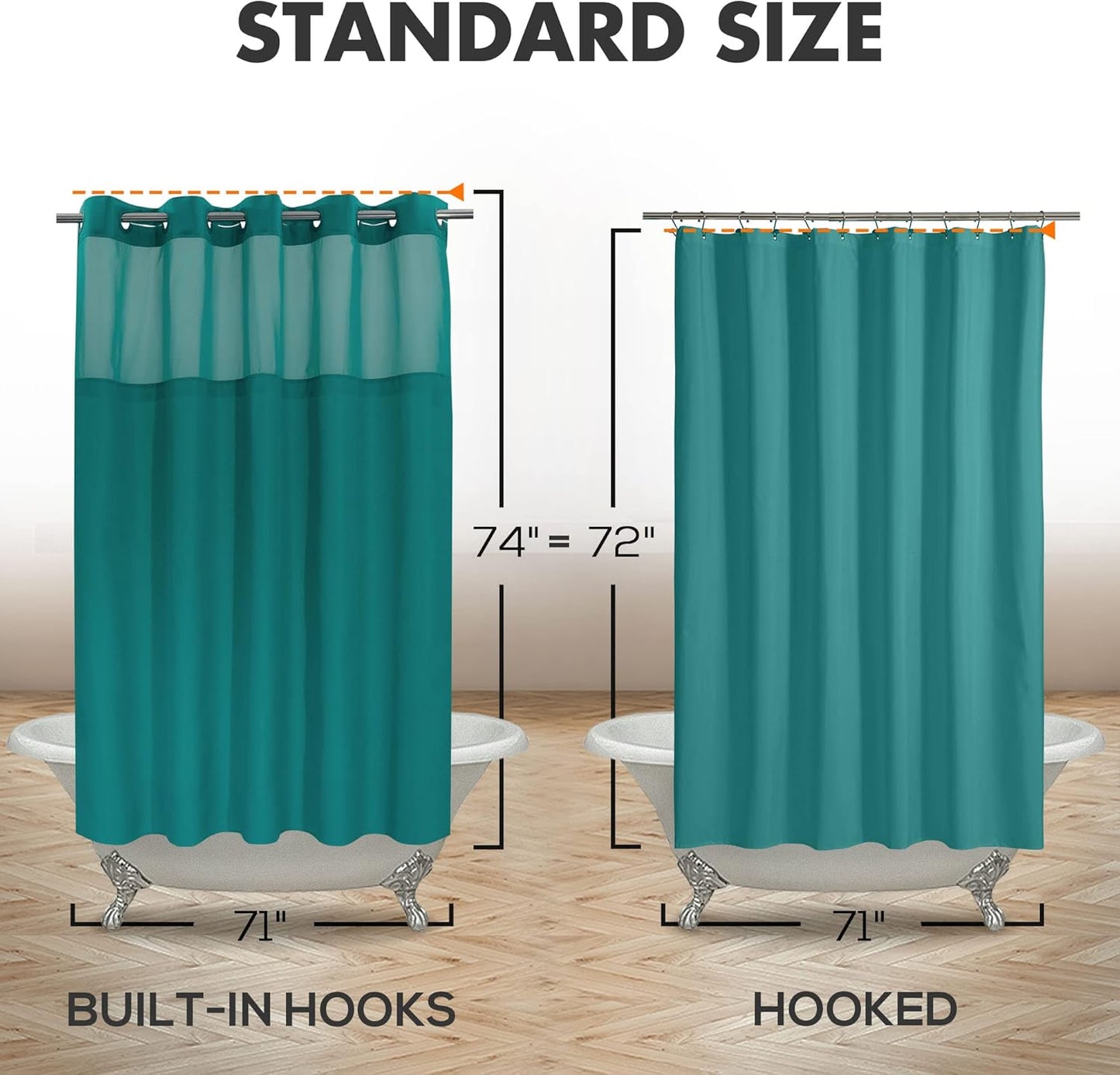 No Hook Slub Textured Shower Curtain with Snap-in PEVA Liner Set - 71" x 74"(72"), Hotel Style with See Through Top Window, Machine Washable & Water Repellent, Teal, 71x74