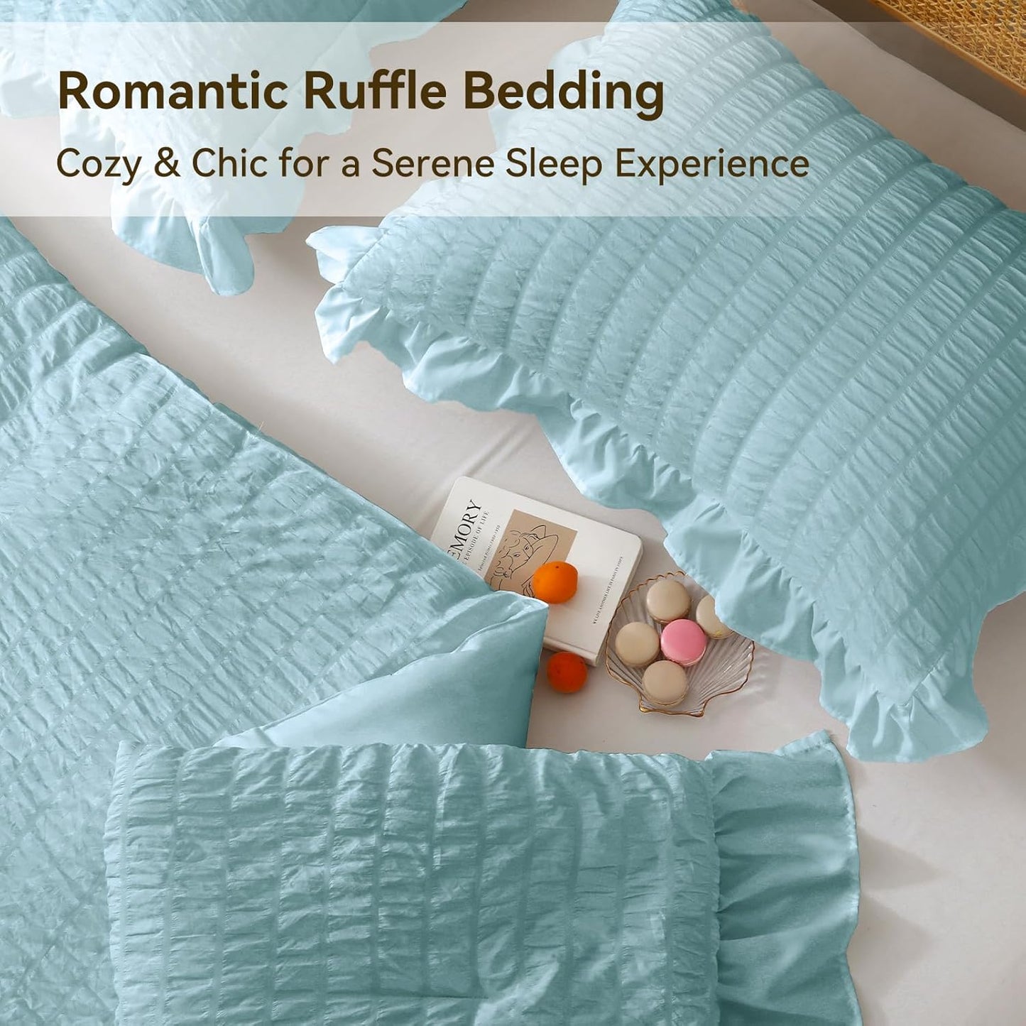 JOLLYVOGUE Light Blue Queen Comforter Set, 3 Pieces Seersucker Comforters Queen Size, Lightweight & Fluffy Bedding Sets for All Season with 1 Ruffle Comforter & 2 Ruffle Pillowshams