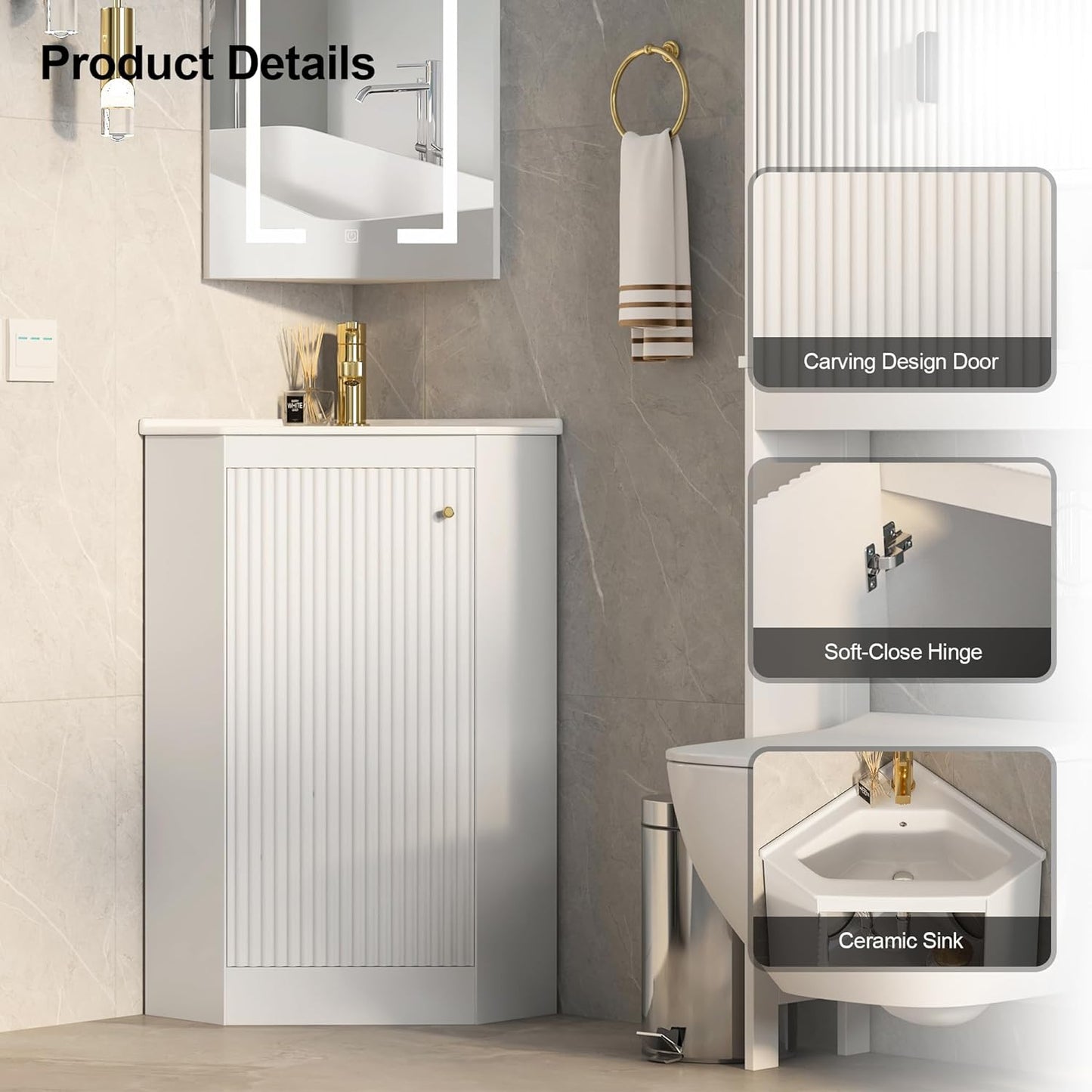 24" Corner Bathroom Vanity Sink Combo for Small Space, Freestanding Compact Space Bathroom Storage Cabinet with White Ceramic Sink, Wall Mounted Modern Vanity,White