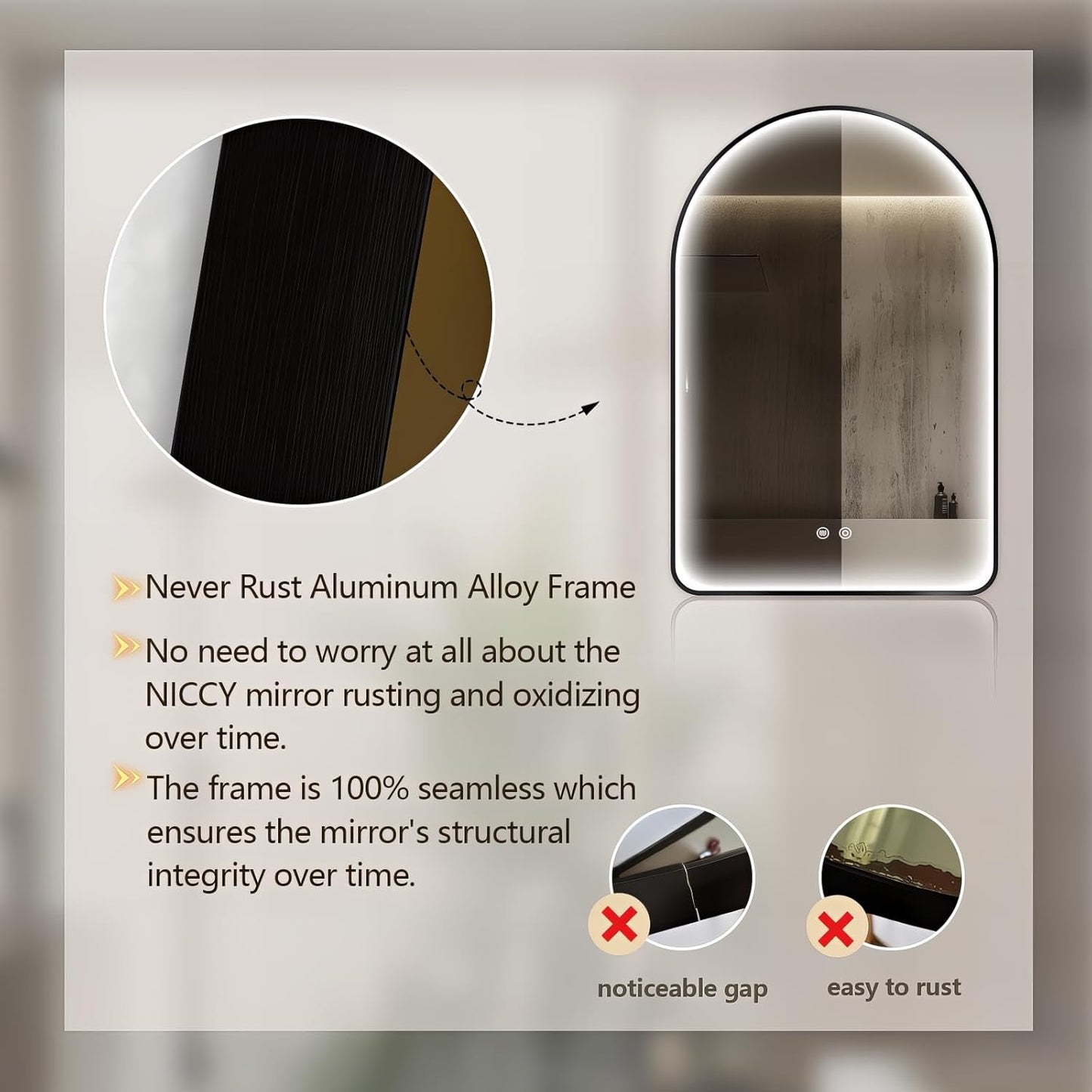Niccy Arched LED Bathroom Mirror, 30"x20" Black Framed Arch Wall Lighted Mirrors, Arching Frontlit Vanity-Mirror with Memory Function for Bathroom Bedroom, Defogger and 3 Color, Explosion-Proof