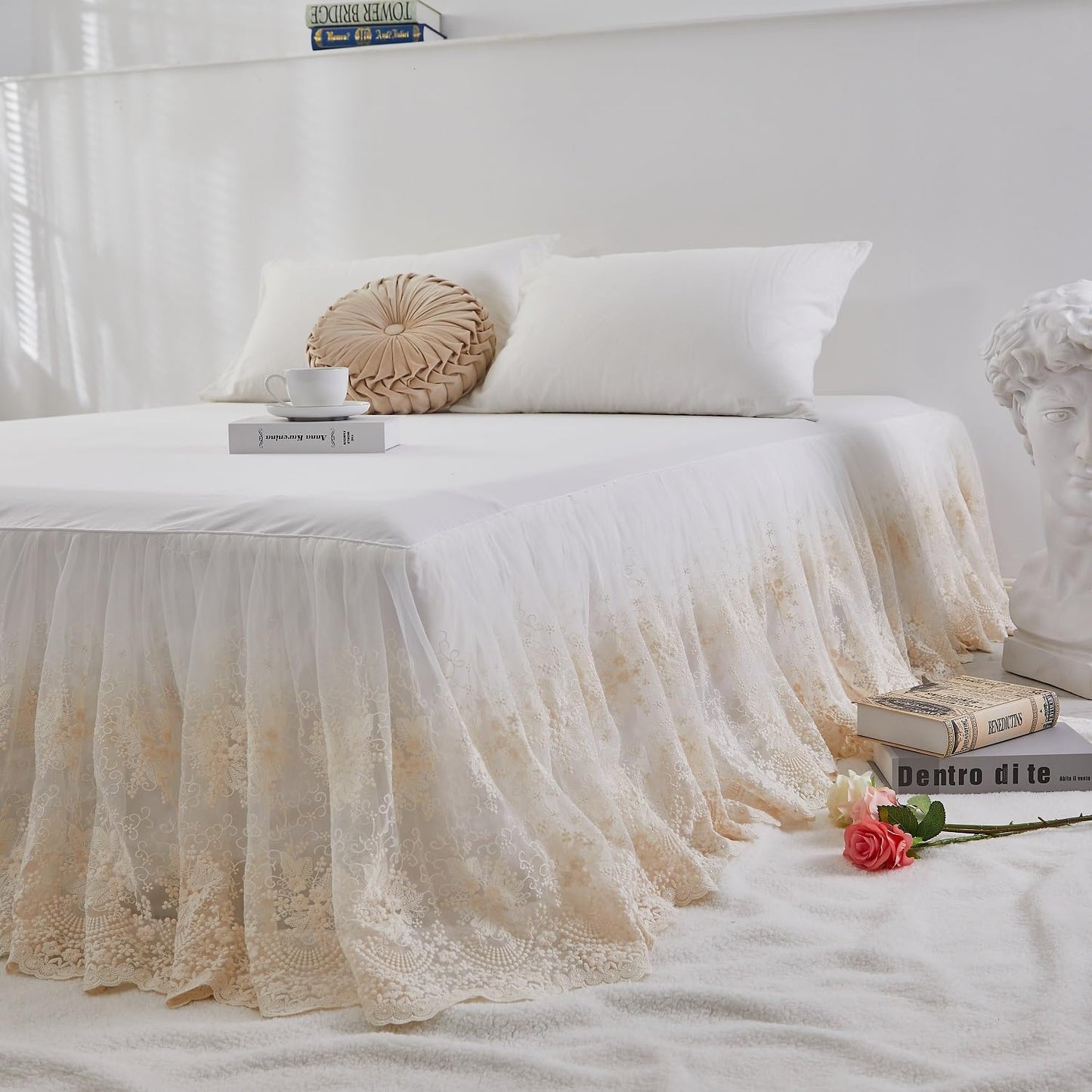 Brandream Lace Bed Skirt Twin Size Cream White 18 Inch Drop Romantic Dust Ruffle Split Corners Bed Sheets Cover Excellent Quality
