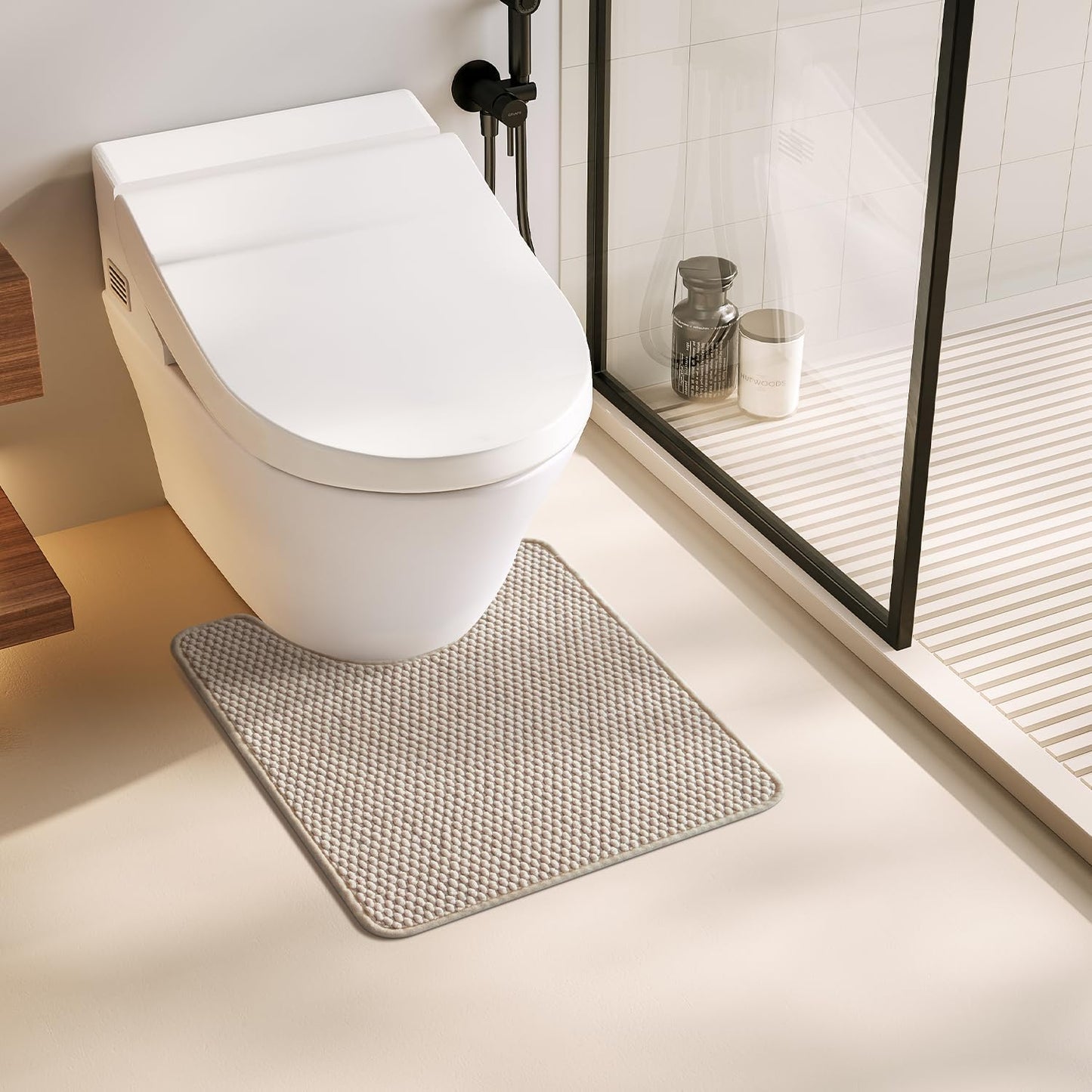 Toilet Rug, Thin Toilet Rugs U Shaped Washable Non Slip Absorbent Quick Dry Low Pile Toilet Mat, Beige 20"x24" U Shape