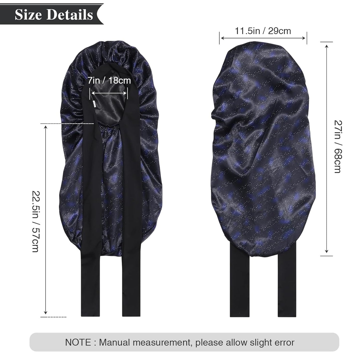 AWAYTR Long Satin Bonnet for Women - Double Layer Elastic Silk Bonnet for Braids Hair Sleeping Cap with Tie Band (Nebula+Black)