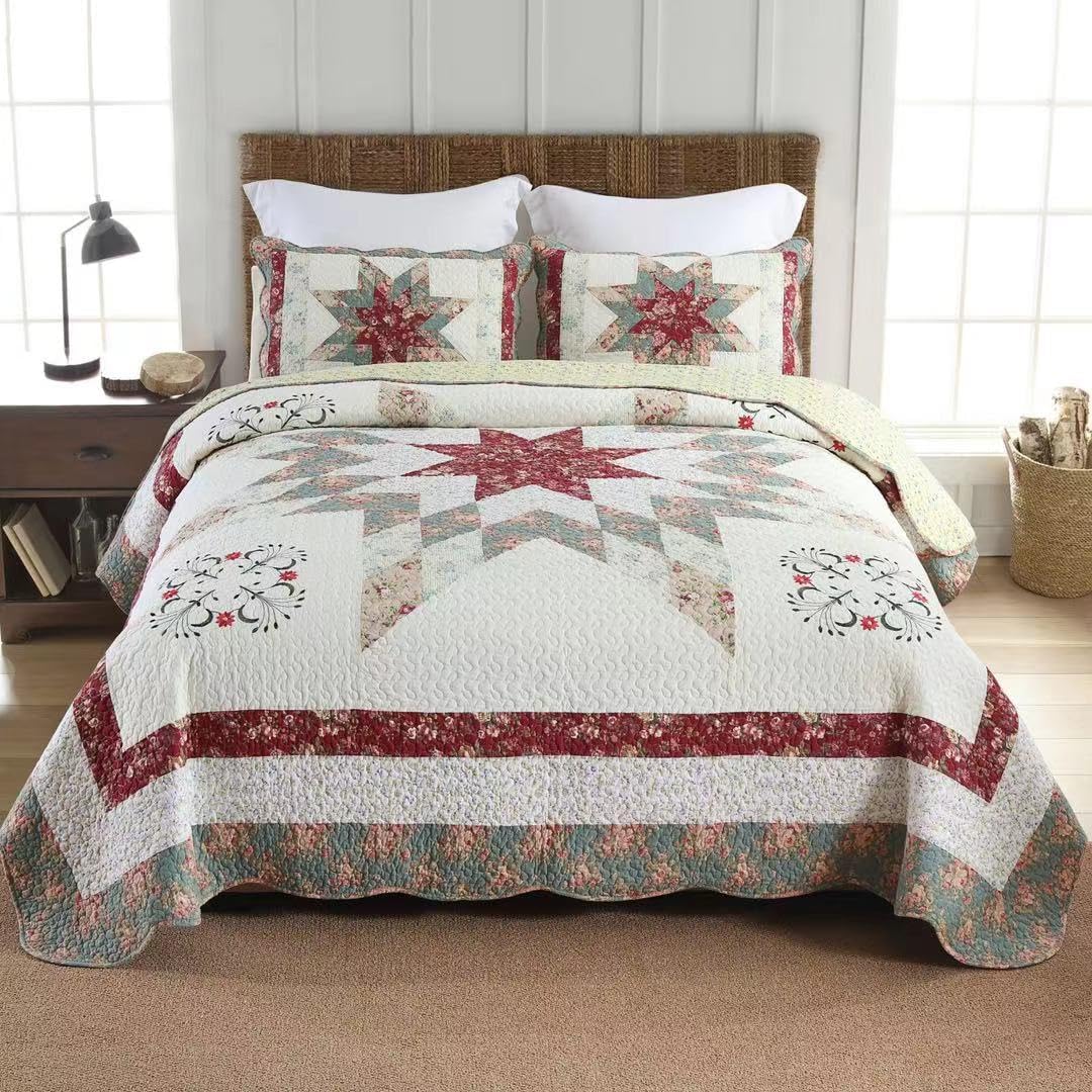 Cotton Bedspread Quilt Bedding Sets, 3 Pieces Reversible Coverlets Comforters Star with Red Floral Real Patchwork Bedspread,Queen Size