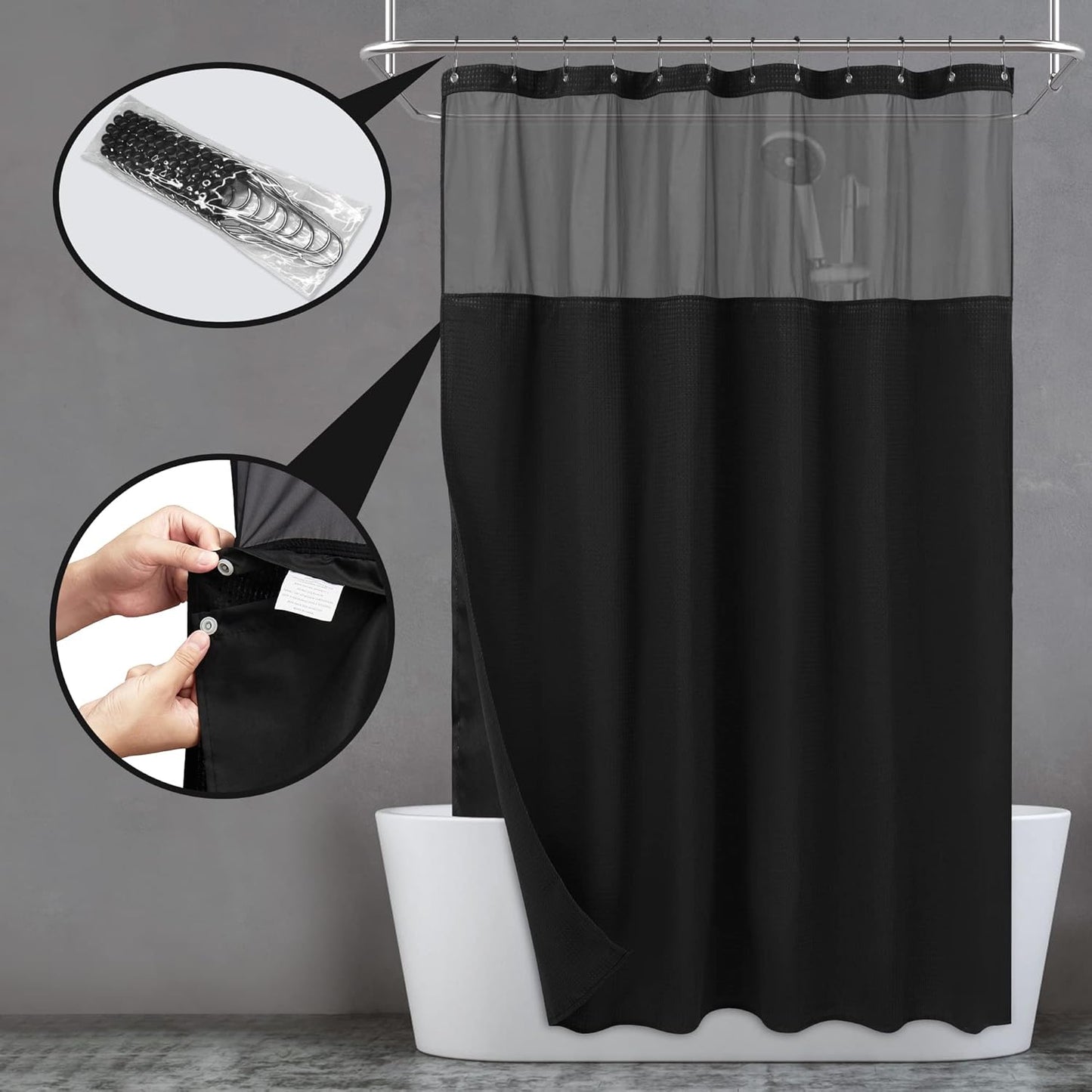N&Y HOME Extra Long Waffle Weave Shower Curtain with Snap-in Fabric Liner Set, 12 Black Hooks Included - 71" x 84", Hotel Style, Mesh Top Window, Machine Washable & Water-Repellent - 71x84, Black