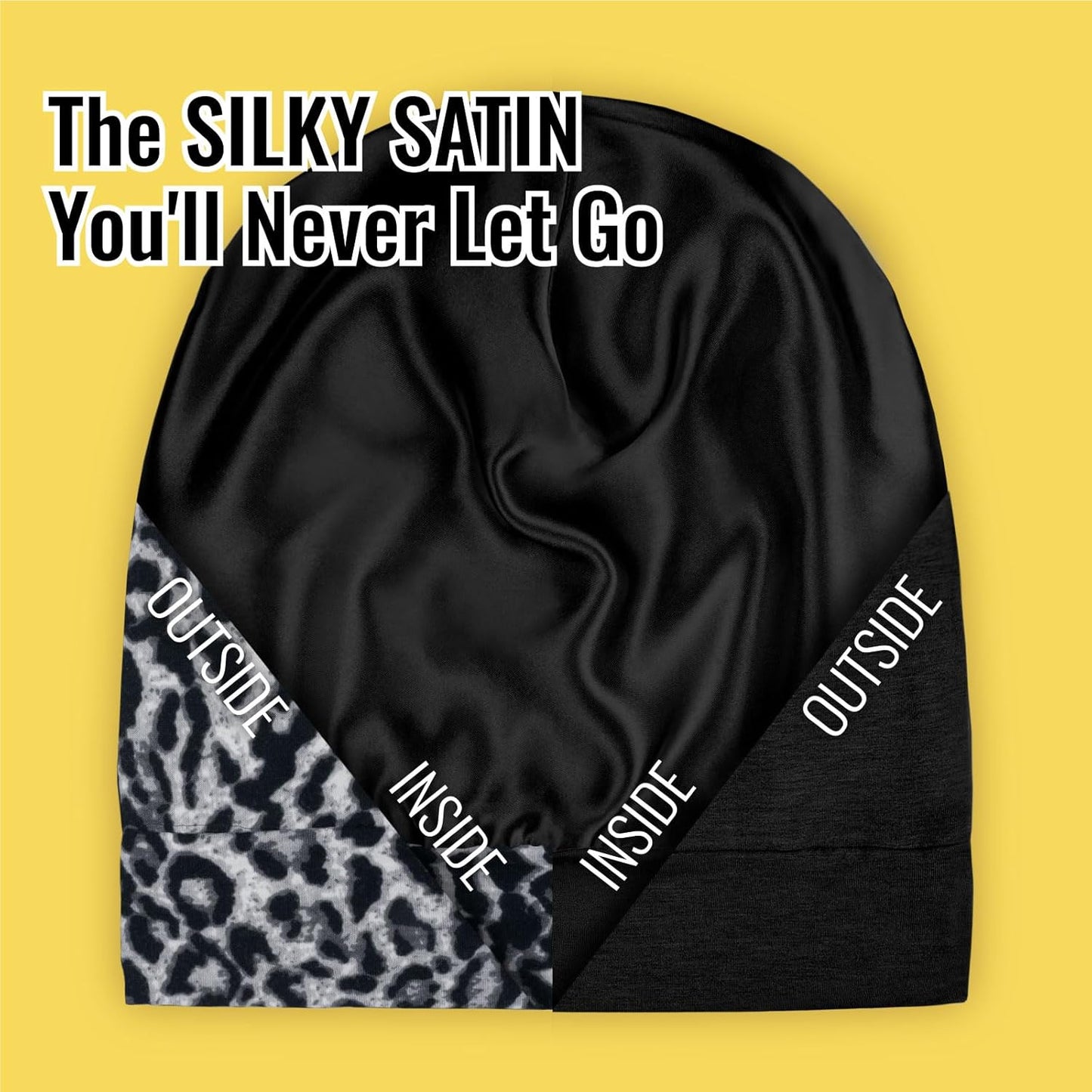 Satin Bonnet for Curly Hair and Braids, Night Cap with Adjustable Strap for Women and Men, Black and Black Leopard, Pack of 2