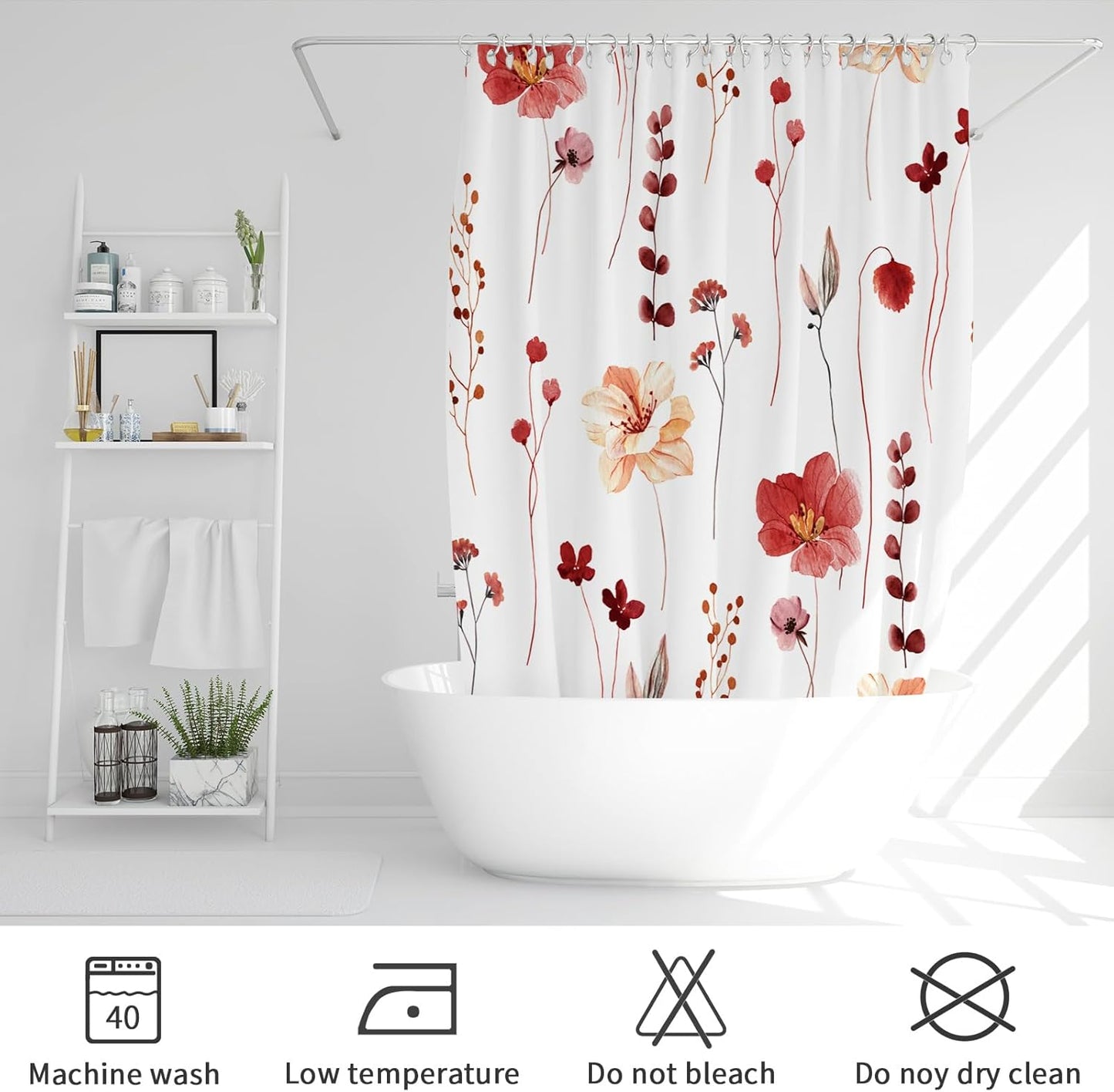 Gibelle Watercolor Floral Shower Curtain, Red Beige Flower Shower Curtain for Bathroom, Modern Minimalist Waterproof Fabric Shower Curtain Set with Hooks 72x72 Inch