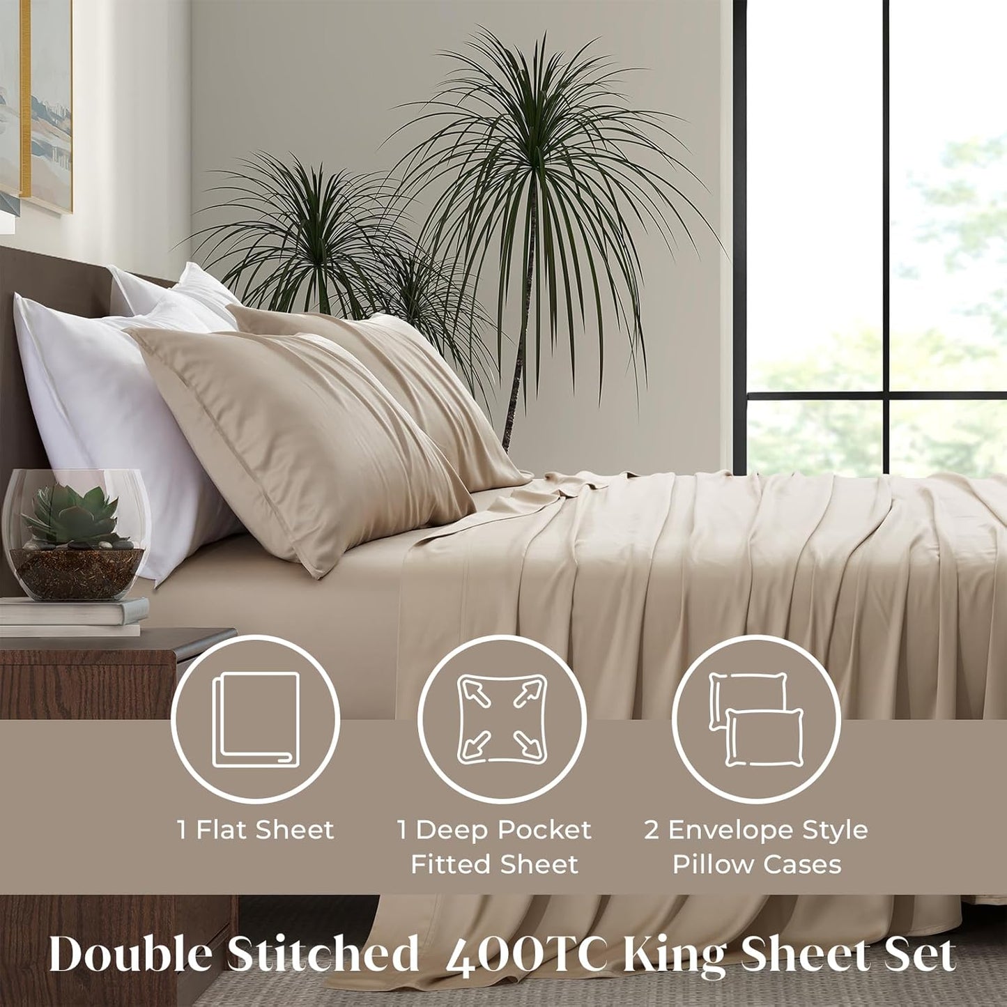 Luxury Bamboo Market | King Size Bed Sheet Set | 100% Viscose Made from Bamboo | Organically Grown | Ultra Soft | Cooling Sheets for Hot Sleepers | 17" Deep Pocket [Dune]