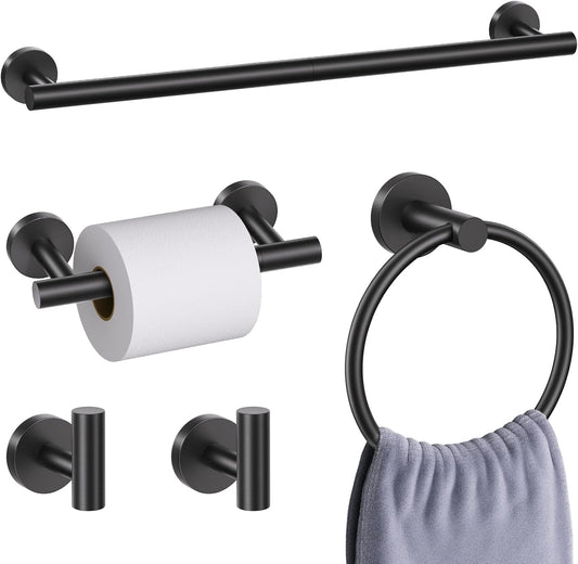 5 Pieces Matte Black Round Towel Bar Set Bathroom Hardware Accessories Set Upgraded Toilet Paper Holder Towel Racks Set for Bathroom Stainless Steel Wall Mounted 23.6 in