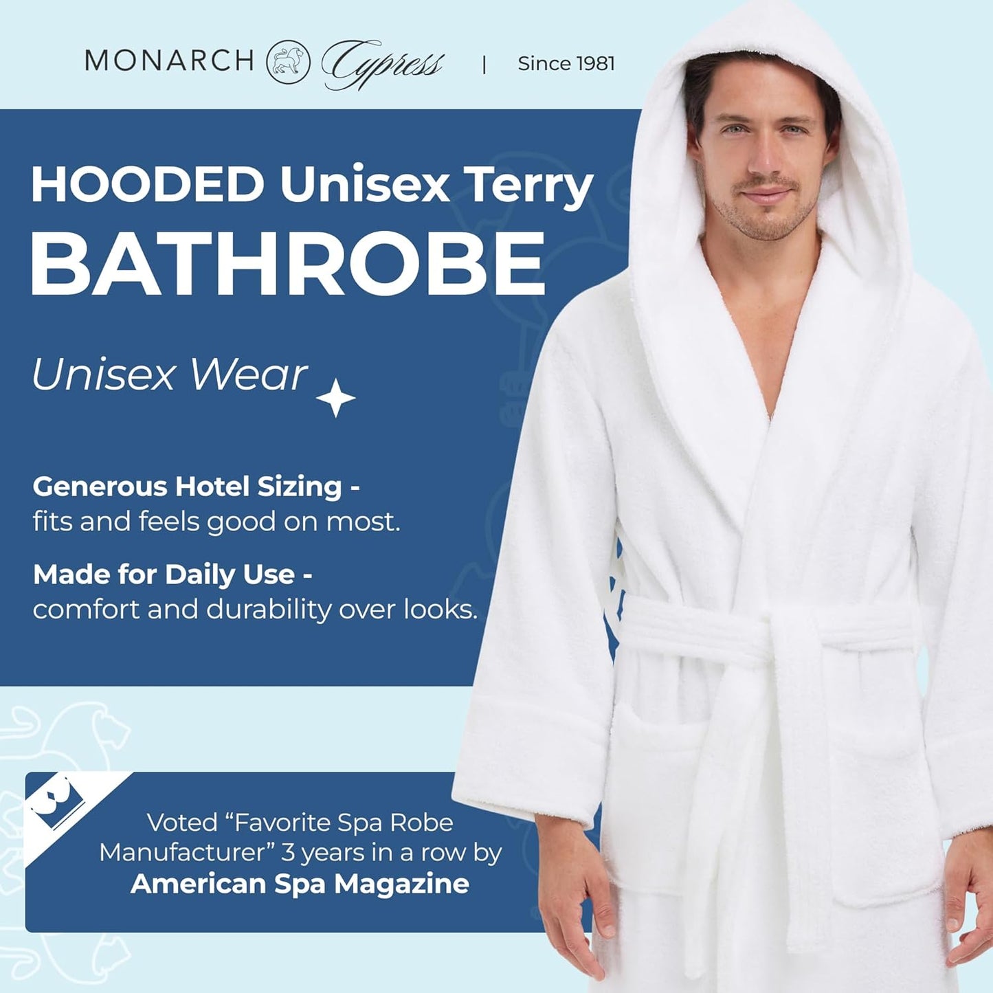 MONARCH Hooded Terry Shawl Collar Unisex Bathrobe – Thick Terrycloth Fabric, Generously Sized Hotel & Spa Robe with Pockets