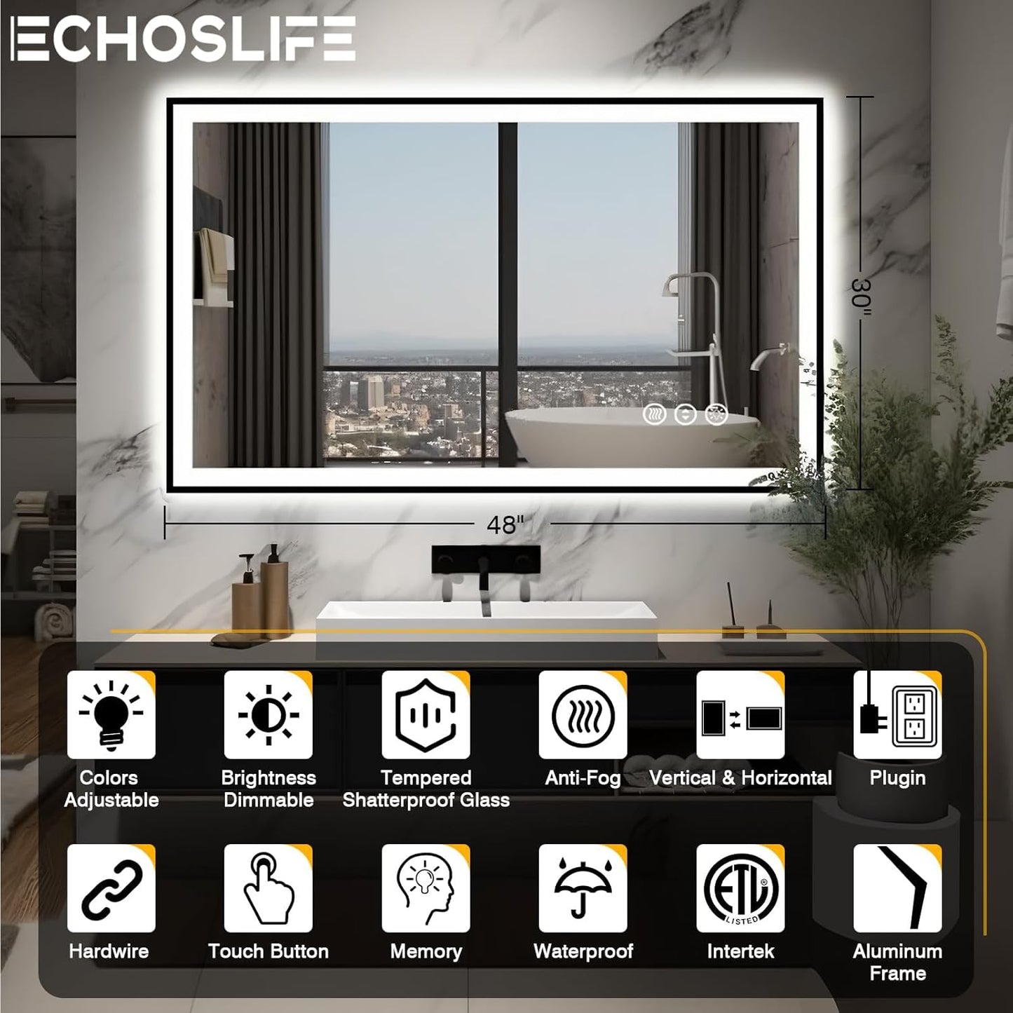 48x30 LED Bathroom Mirror - Black Aluminum Framed, Anti-Fog Lighted Vanity Mirror, Stepless Dimmable, 3 Colors Smart Mirror