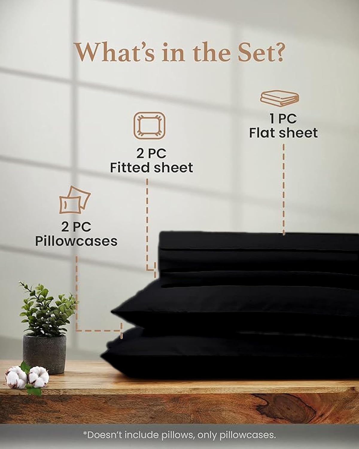 Good Sleep Bedding Split King Sheets Sets for Adjustable Bed Cotton, Luxury Sheets, Egyptian Cotton Sheets, 5 Piece 100% Cotton Split King Sheet Set, Sateen Sheetts, 2 Fitted - 16" Deep Pocket, Black