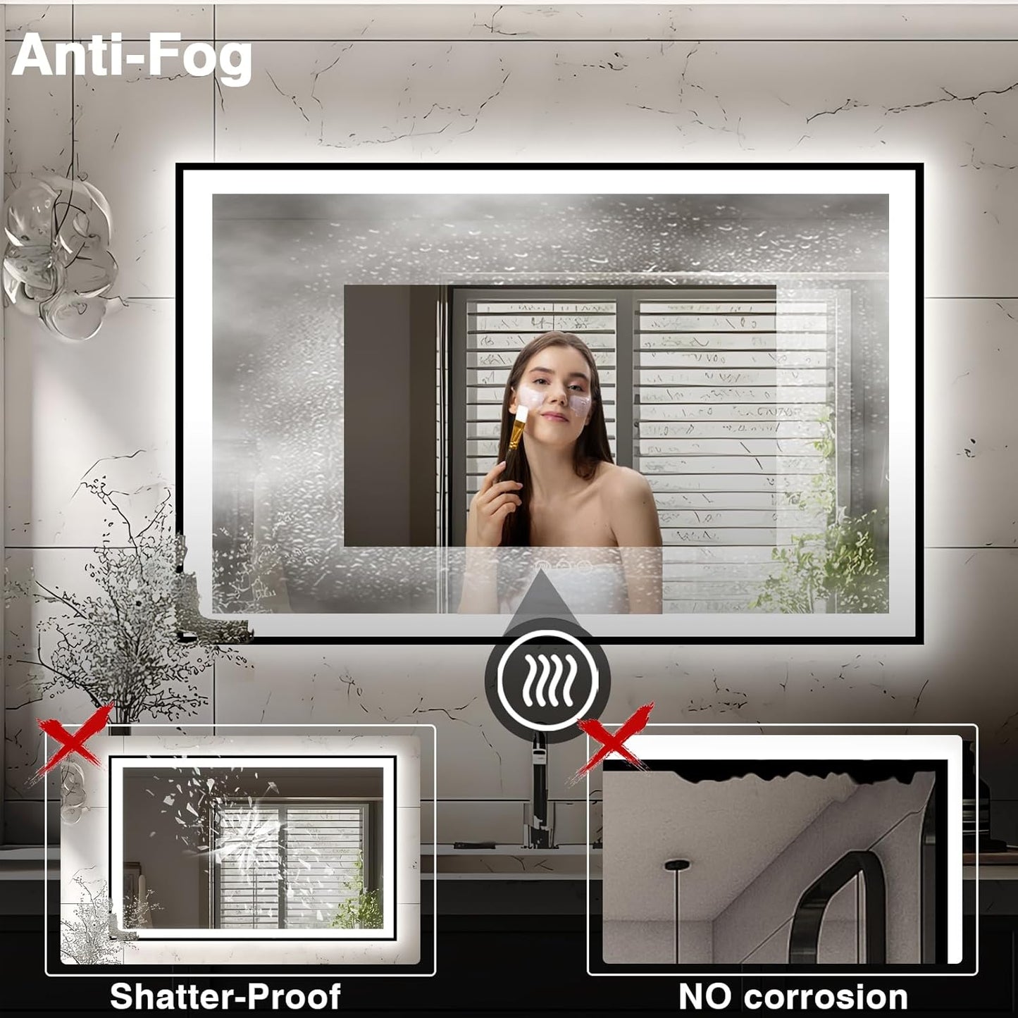 57x36 LED Light Mirror for Bathroom - Black Framed Mirror (Front and Backlit), Anti-Fog Bathroom Vanity Mirror, Stepless Dimmable Lighted Mirror, Tempered Glass, Memory (Horizontal/Vertical)