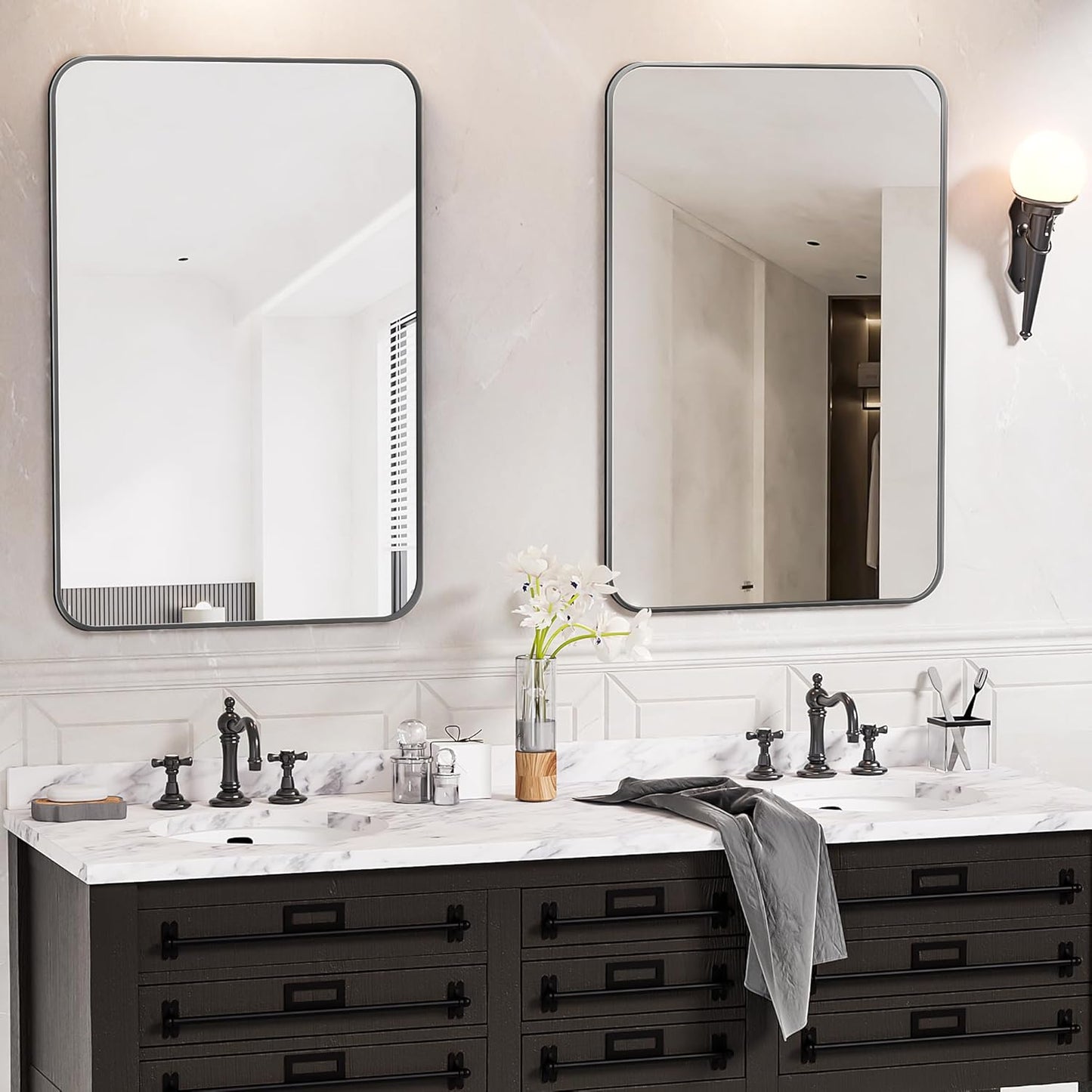 Antok Bathroom Mirror, 36"x24" Wall Mirror, Decorative Mirrors Vanity Mirror Aluminum Alloy Frame Contemporary Rectangular Hanging Mirror for Living Room Bathroom Entryway,Black,Round Corner