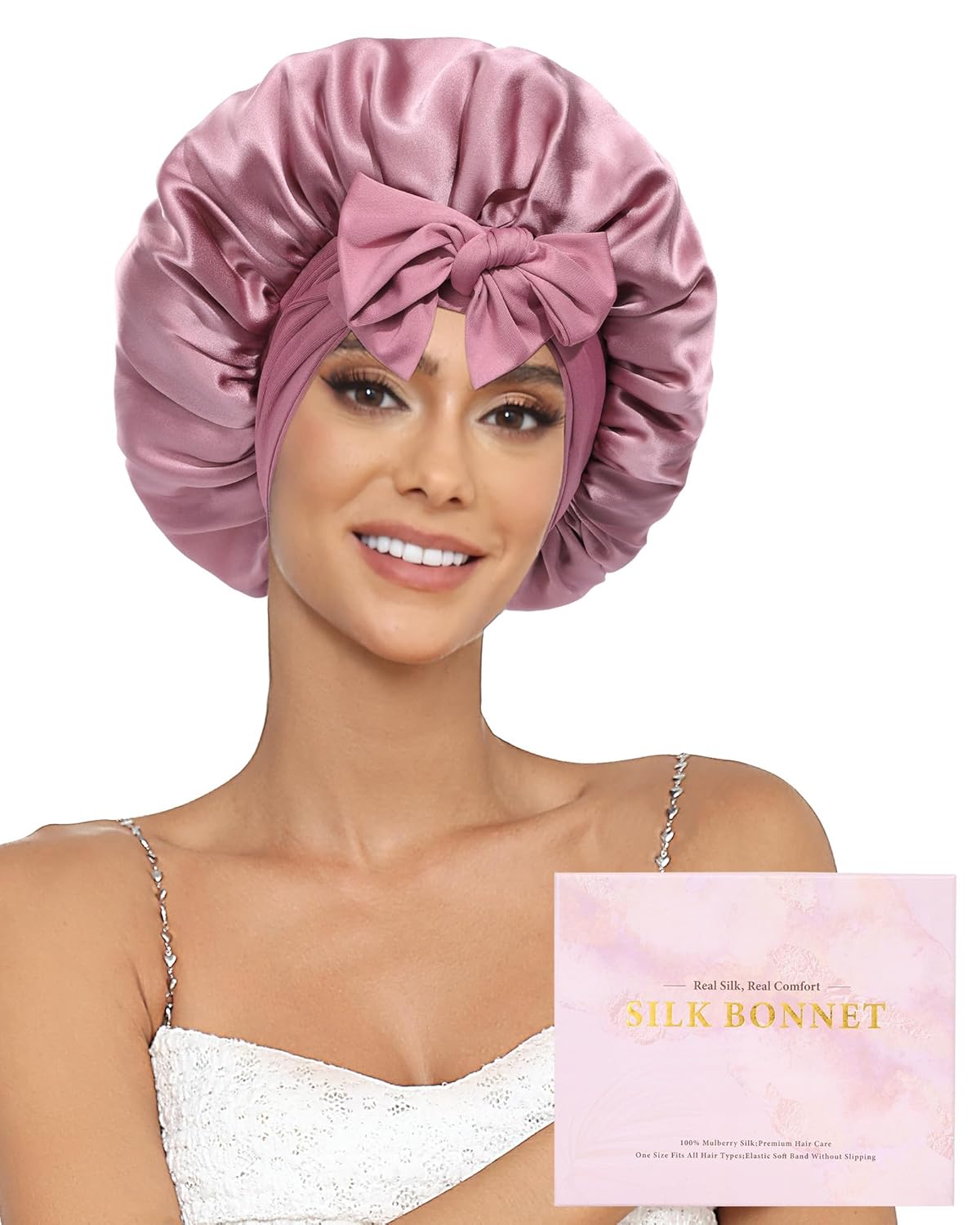 100% Mulberry Silk Bonnet for Sleeping Women Double Layer Silk Hair Bonnet Natural Silk Sleep Cap with Elastic Reversible Hair Wrap (Bean Paste + Light Pink)
