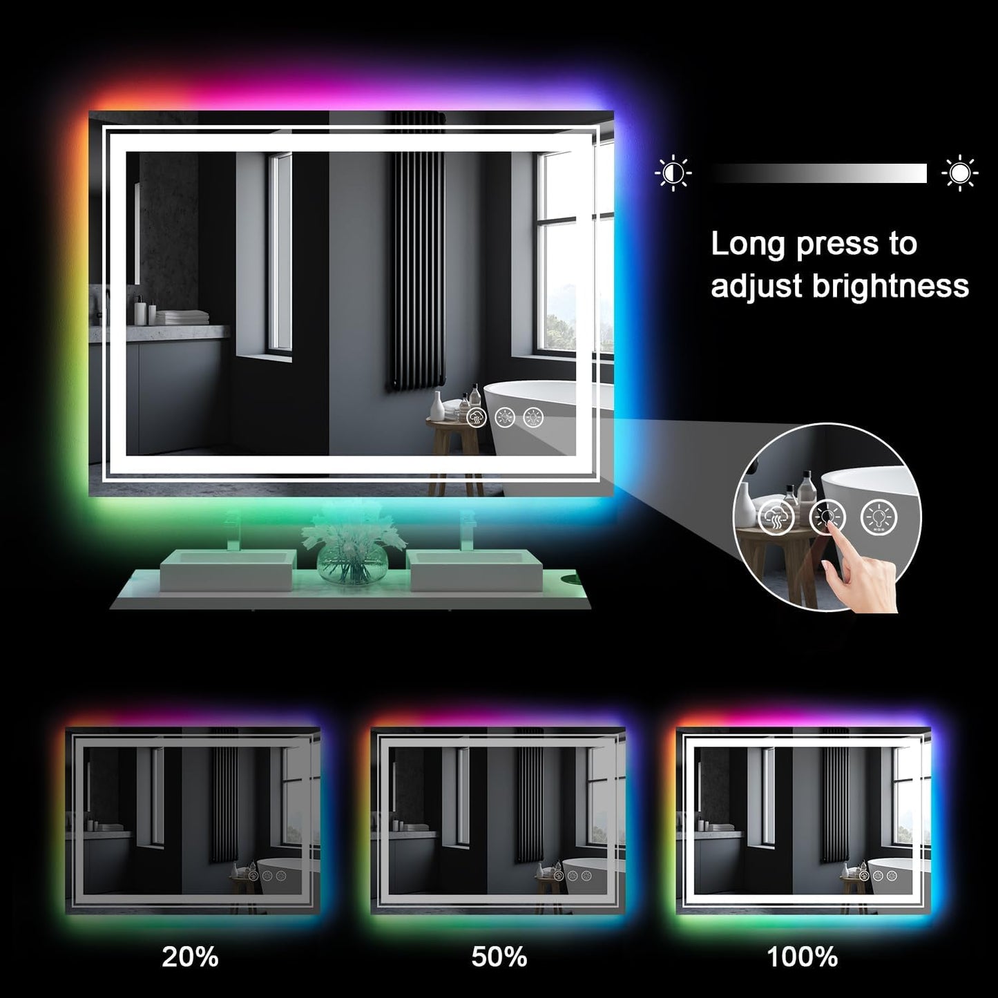 LED Mirror for Bathroom, 40"X36" with 8 RGB Backlit +3 Front Lit (Adjustable Individually), Anti-Fog, Lighted Bathroom Vanity Mirror for Wall, Shatterproof, Memory Function, Tempered Glass