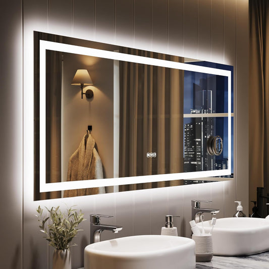 GarveeHome 60x25 LED Bathroom Mirror with Lights, Dimmable, Anti-Fog, Backlit + Front Lit, Smart Bathroom Vanity Mirror for Wall, Memory Function, Shatter-Proof (Horizontal/Vertical)