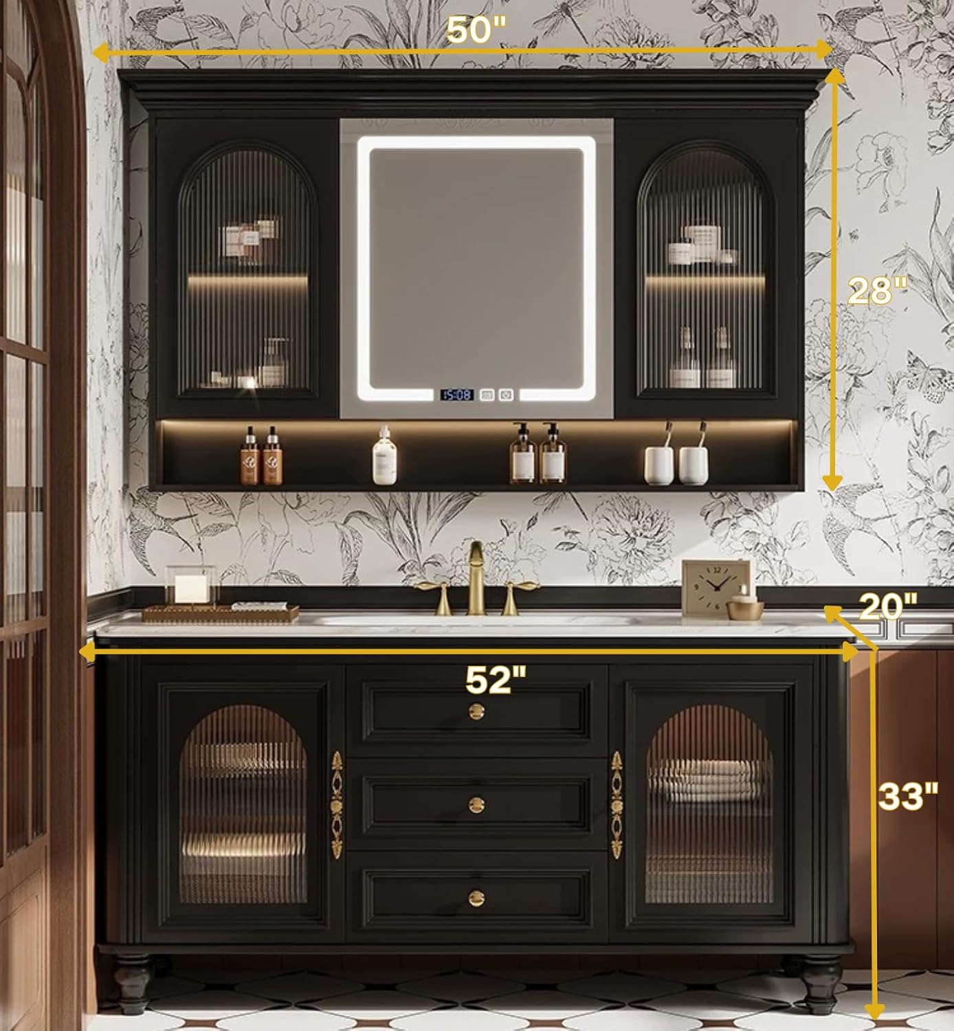 Freestanding Bathroom Vanity with Sink, Solid Wood Bathroom Vanity Set, Vintage Bathroom Vanities with Large Capacity Storage Cabinet and Open Shelf, Elegant Vanities (Black,52")