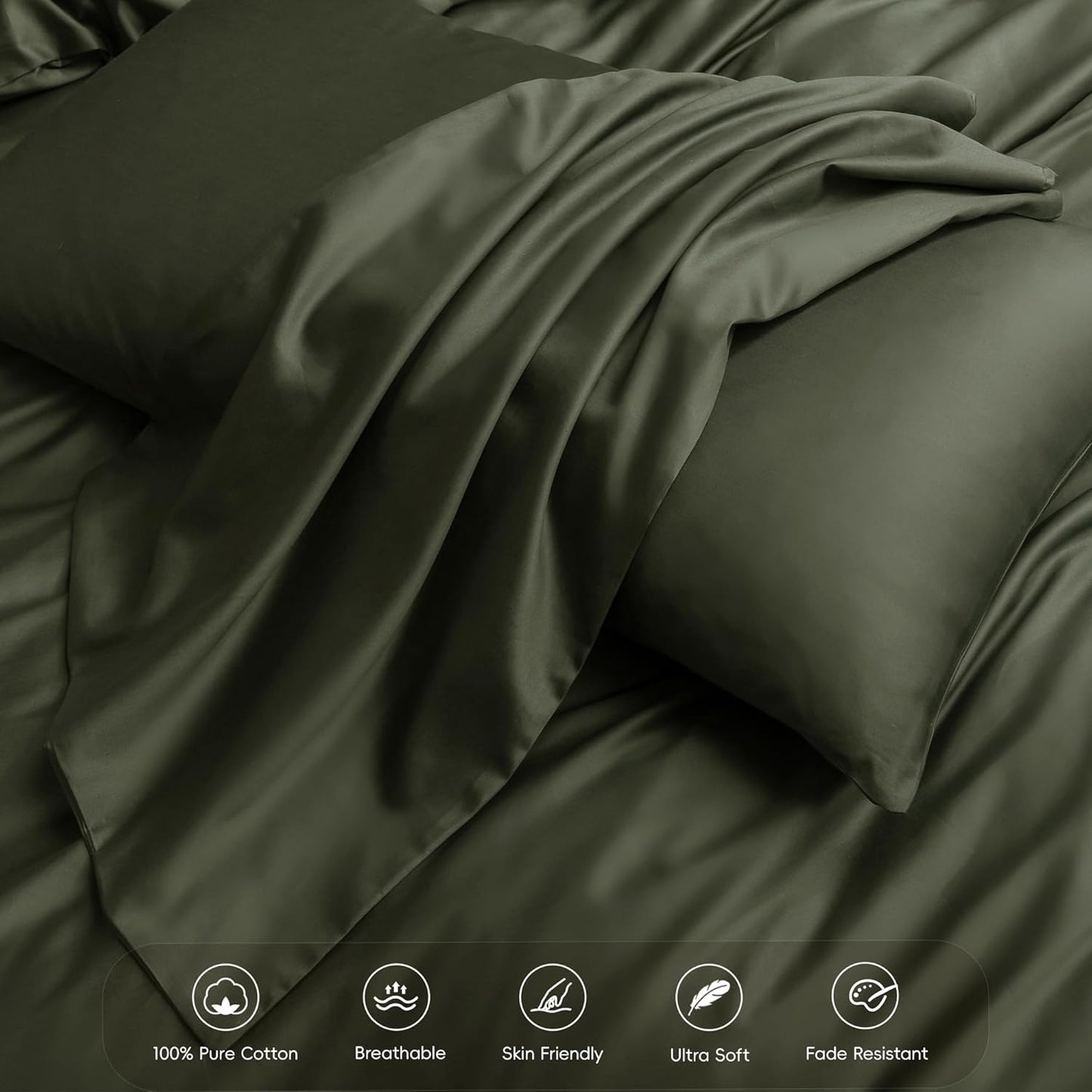 MooMee Duvet Cover Set 100% Extra Long Staple Cotton 600 Thread Count Silky Sateen Smooth Luxury Soft Breathable Durable Hotel Quality Bedding, 3 Pieces (Olive Green, Queen 90"x90")