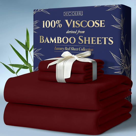 DECOLURE 100% Viscose Derived from Bamboo Sheets Queen Size 4pcs - Ultra Soft & Luxuriously Cooling, 17" Deep Pocket, Double Stitching, Perfect for Hot Sleepers - Queen Bed Sheets (Burgundy)