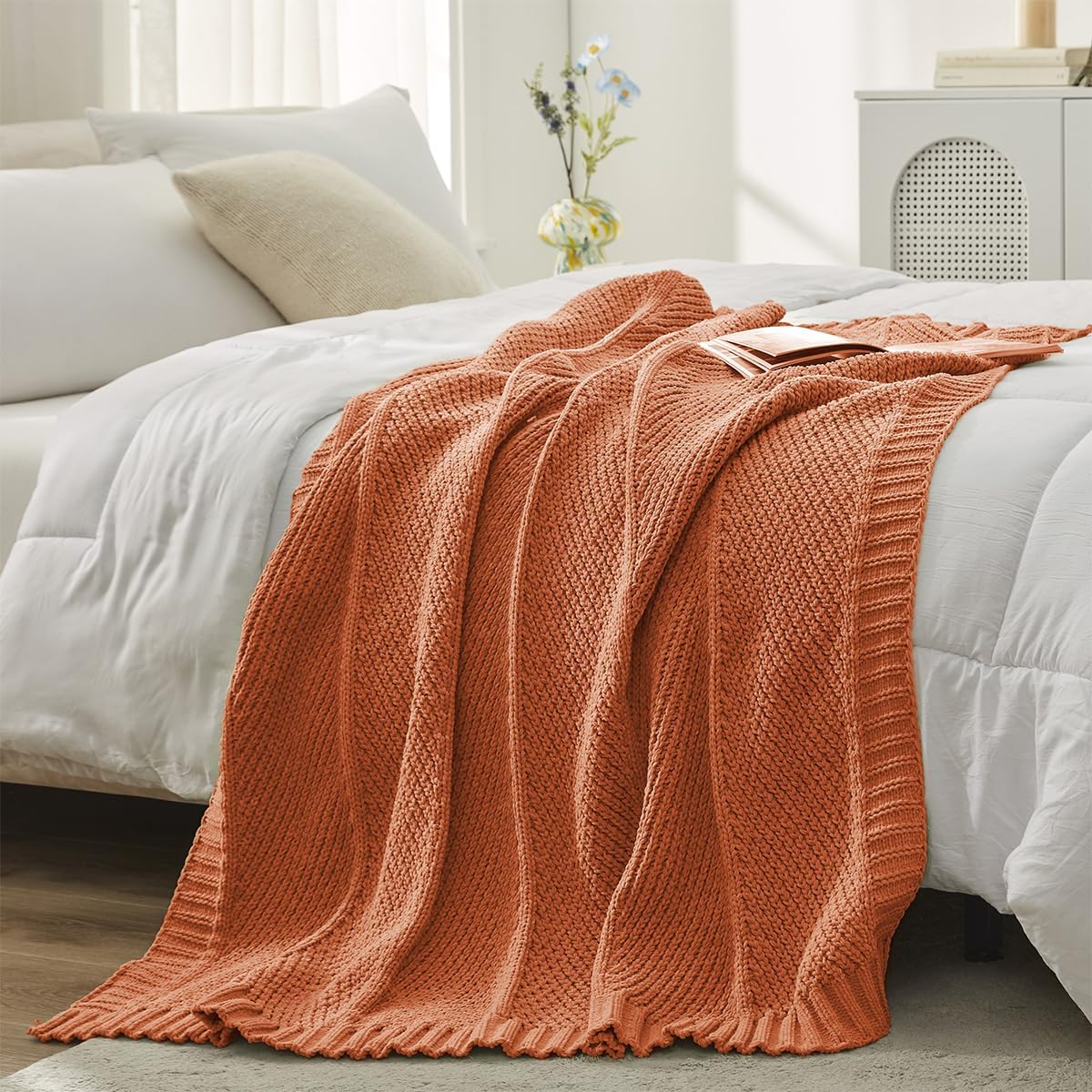 Amélie Home Chevron Chenille Knit Throw Blanket for Couch, Cozy Texture Decorative Soft Blanket for Sofa & Chair, 50"x60", Burnt Orange