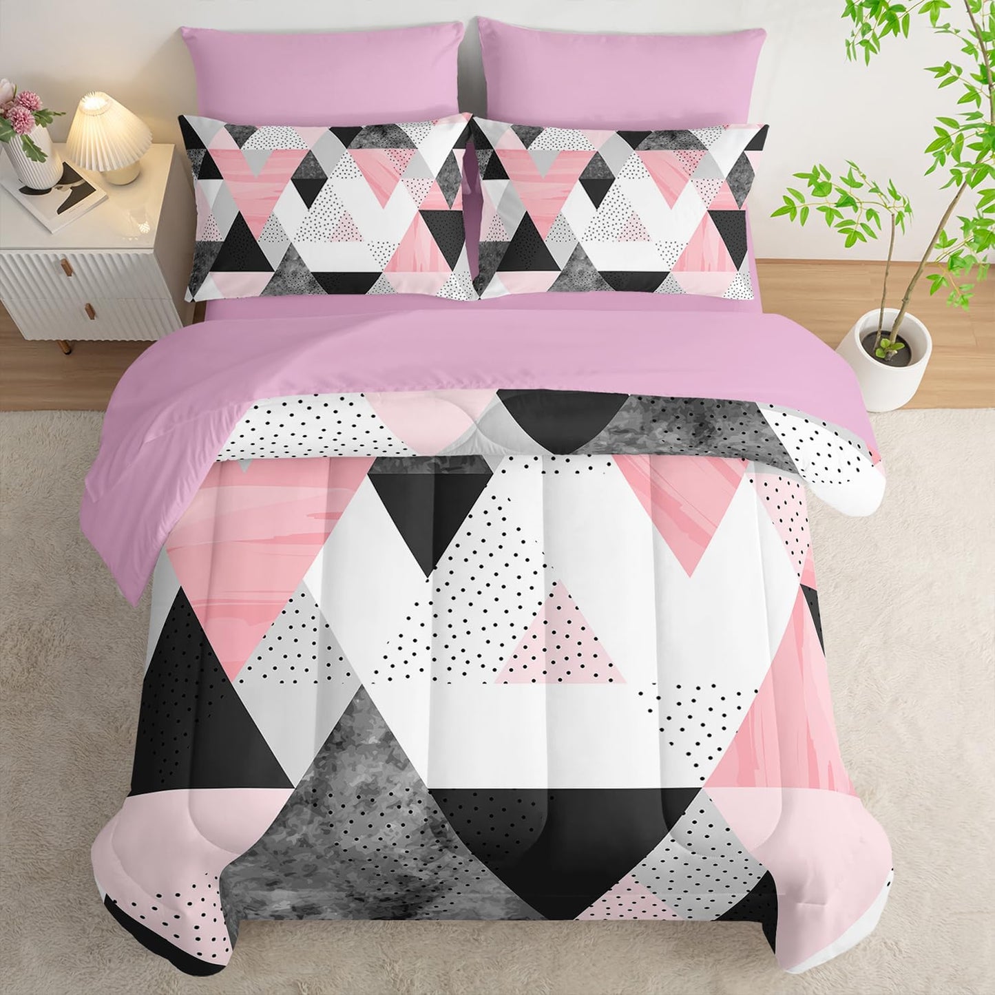 Queen Size Comforter Set - 7 Piece Pink & Gray Triangle Geometric Bedding, Ultra Soft Microfiber, Modern Aesthetic, All Season