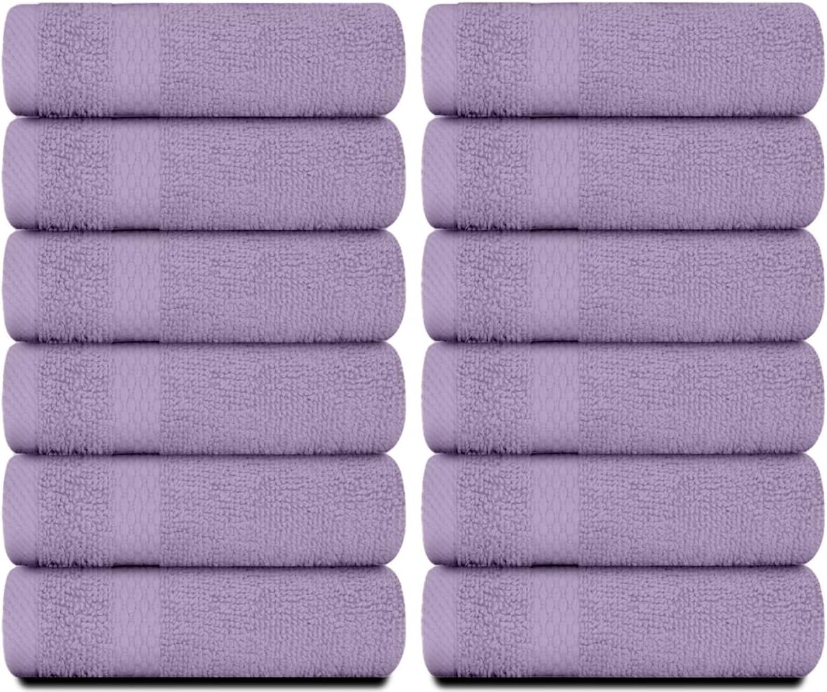 White Classic Luxury Cotton Washcloths 13x13 Inch - 650 GSM Turkish Cotton | Hotel, Spa, Bathroom Face Towel | 12 Pack, Lavender