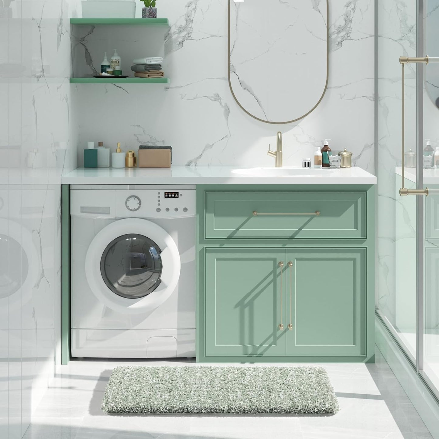 Yimobra Light Green and White Bathroom Rugs Non Slip Washable 36x24, Ultra Soft and Water Absorbent Bath Mats, Plush Fluffy Shower Mat Outside, Luxury Microfiber Thick Matts for Bathroom Floor/Tub