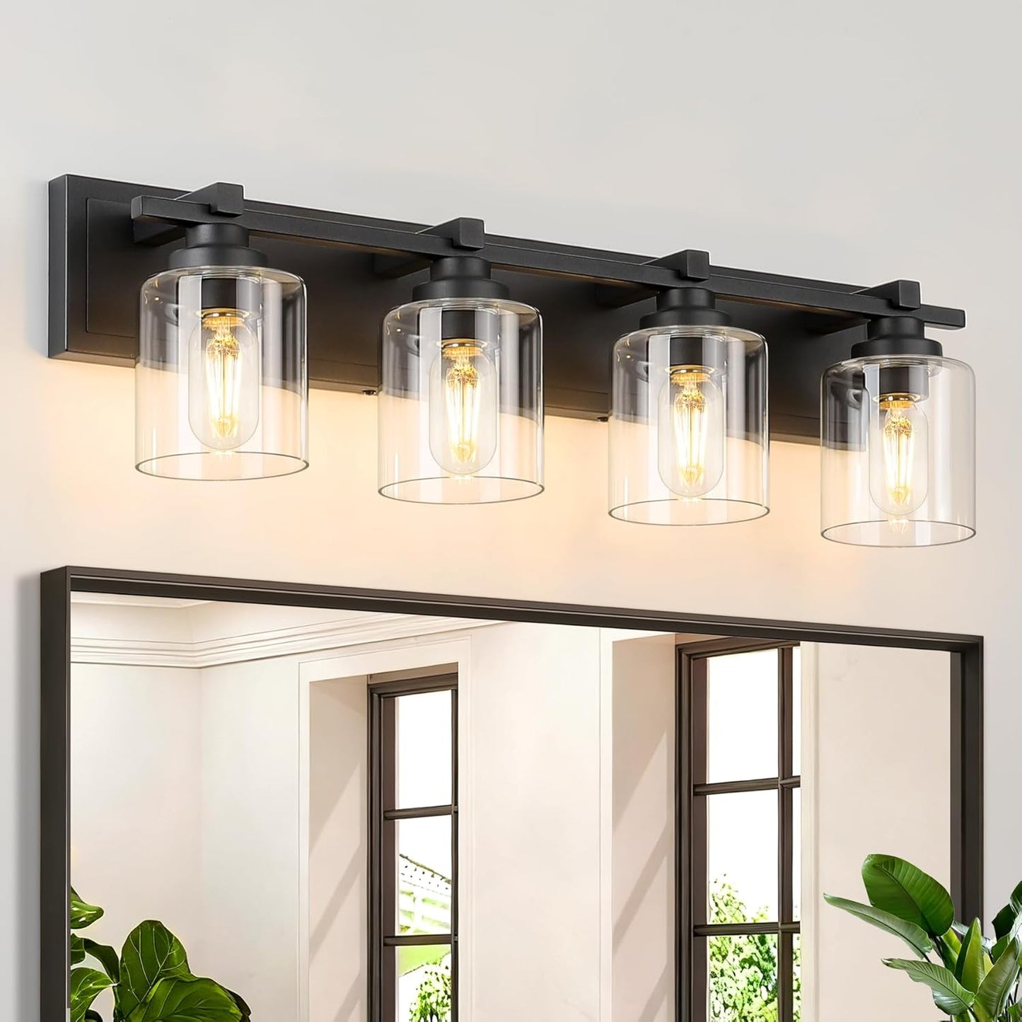 4 Light Modern Bathroom Light Fixtures Over Mirror, Black Vanity Lights for Bathroom Wall Sconces with Clear Glass Shades, E26 Socket (Bulbs Not Included)