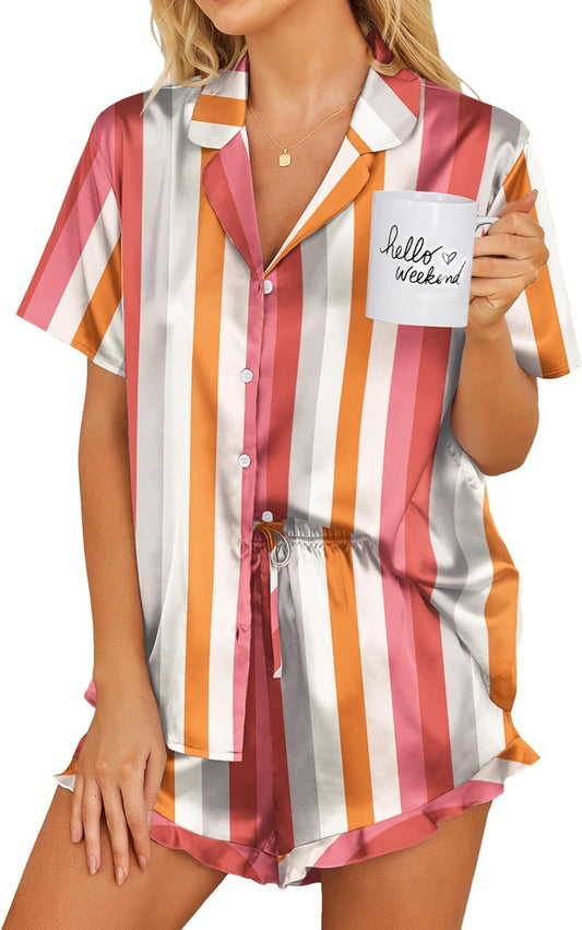 Ekouaer Womens Satin Pajamas Set Button Down 2 Piece Silk Pjs Shorts Set Ruffle Lingerie Notch Collar Sleepwear