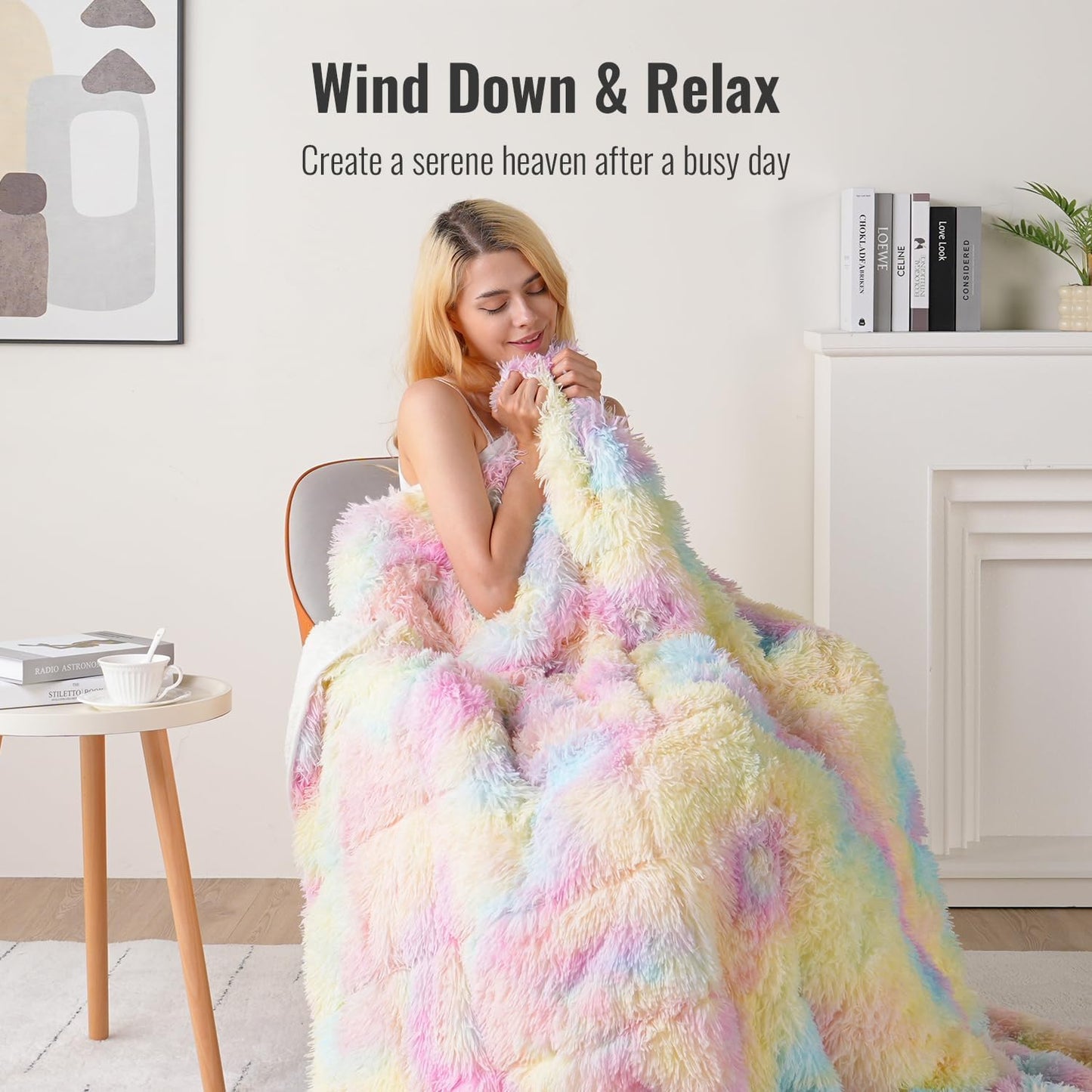 Uttermara Faux Fur Weighted Blanket Queen Size 15 lbs 60x80 inches, Warm Sherpa Weighted Blankets for Adults, Thick Heavy Blanket with Soft Plush Fleece & Cozy Sherpa Great for Relax, Rest, Rainbow