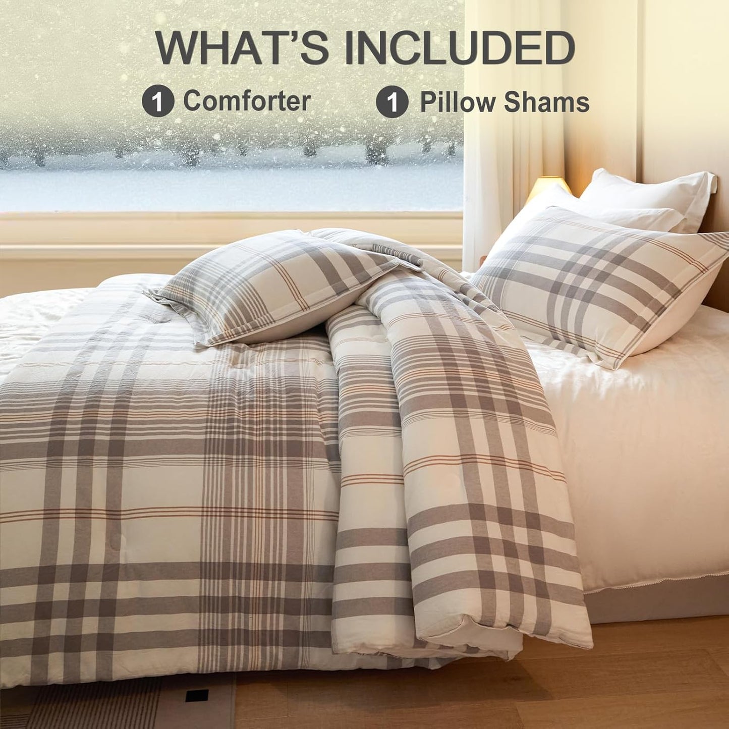 100% Cotton Comforter Set Twin Size – Reversible Yarn-Dyed Checkered Design, Soft Washed Cotton on Both Sides, Lightweight All-Season Bedding, Machine Washable(Grey White Plaid, 68”x90”)