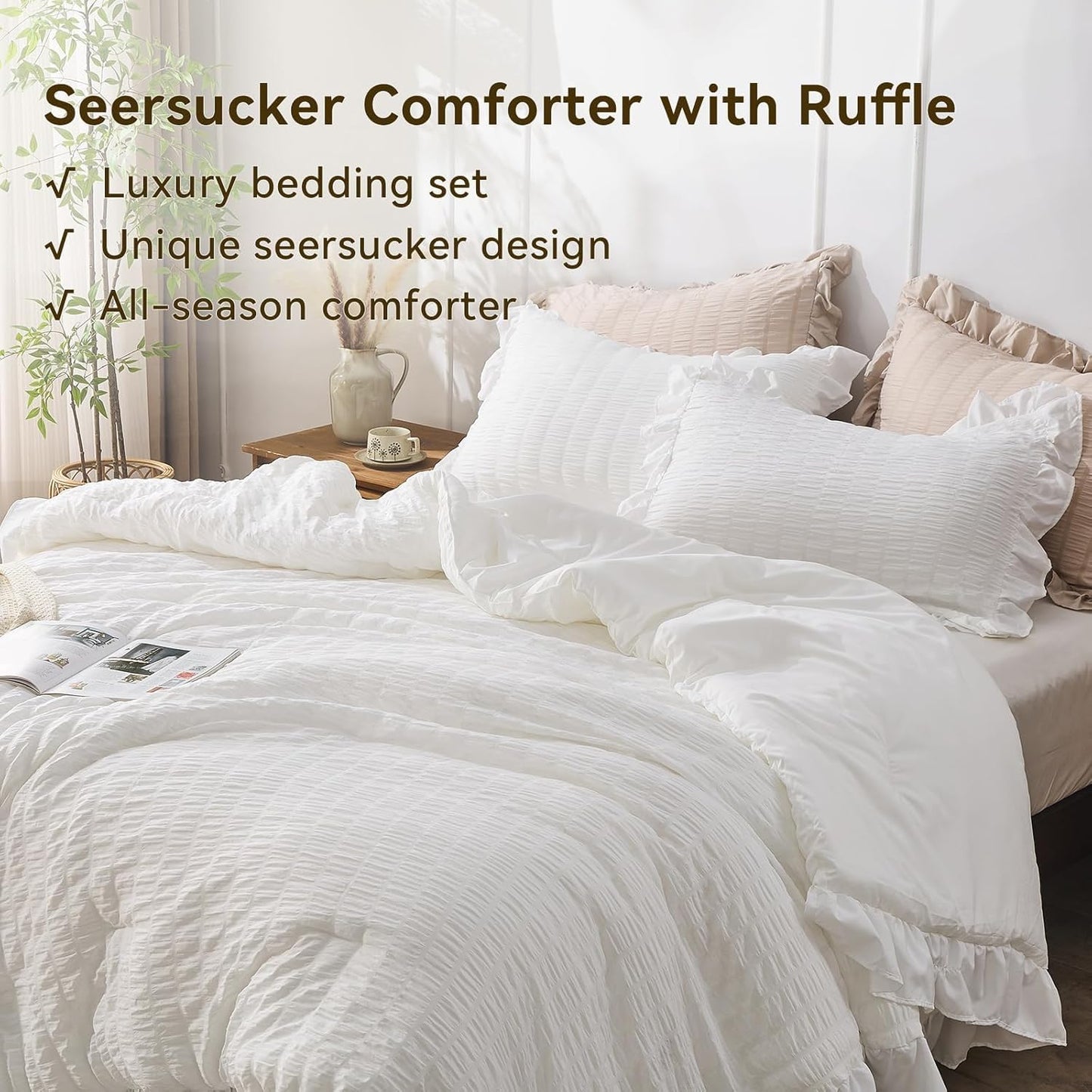 JOLLYVOGUE Queen Comforter Set, 3 Pieces White Seersucker Comforters Queen Size, Lightweight & Fluffy Bedding Sets Queen for All Season with 1 Ruffle Comforter and 2 Ruffle Pillowshams