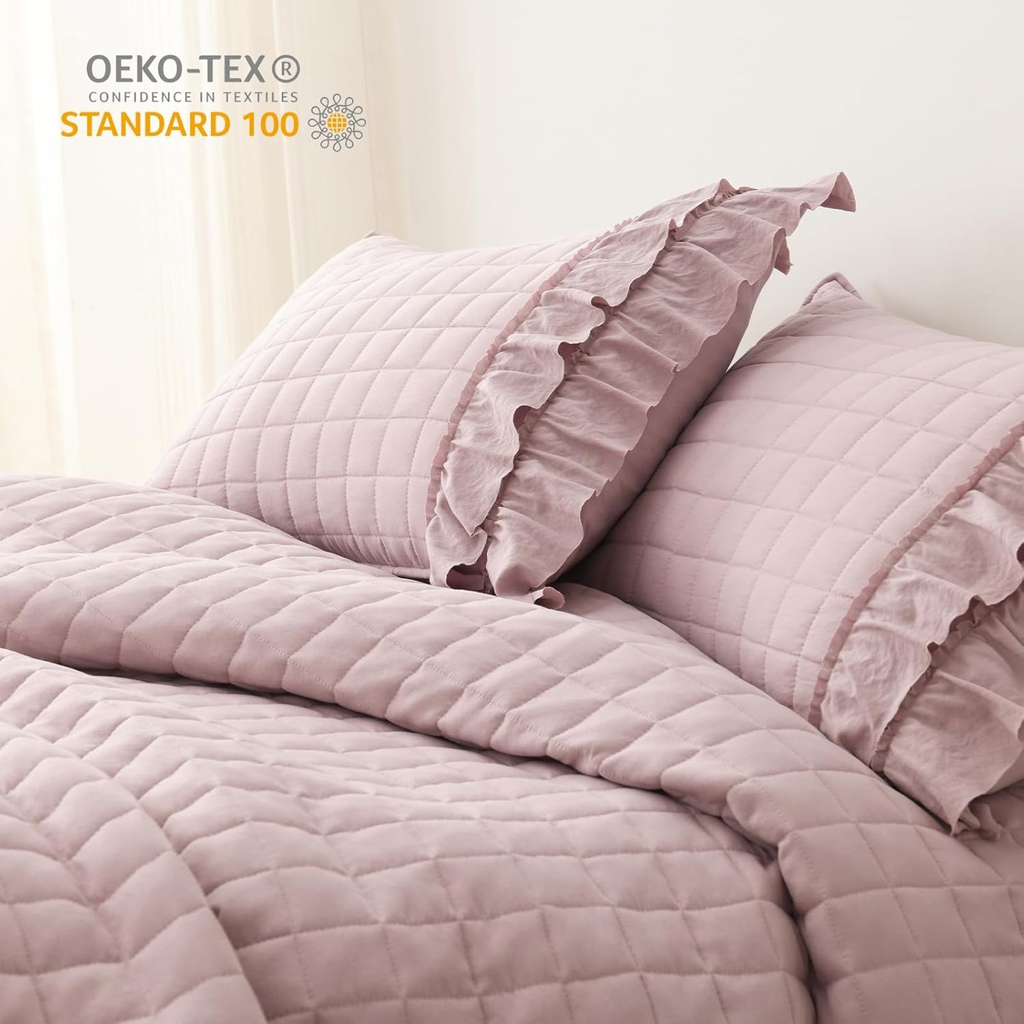 HORIMOTE HOME Dusty Pink Ruffled Quilt Set Twin Size, Classic Geometric Square Stitched Pattern, Pre-Washed Farmhouse Shabby Chic Microfiber Lightweight Bedding Set Bedspread Coverlet for All Season