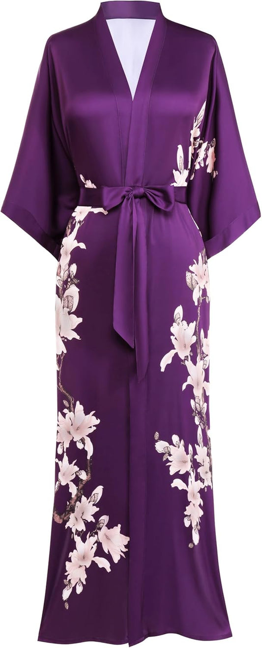 BABEYOND Kimono Robe Cover up with Box Long Floral Satin Sleepwear Silky Bathrobe Bachelorette Robe