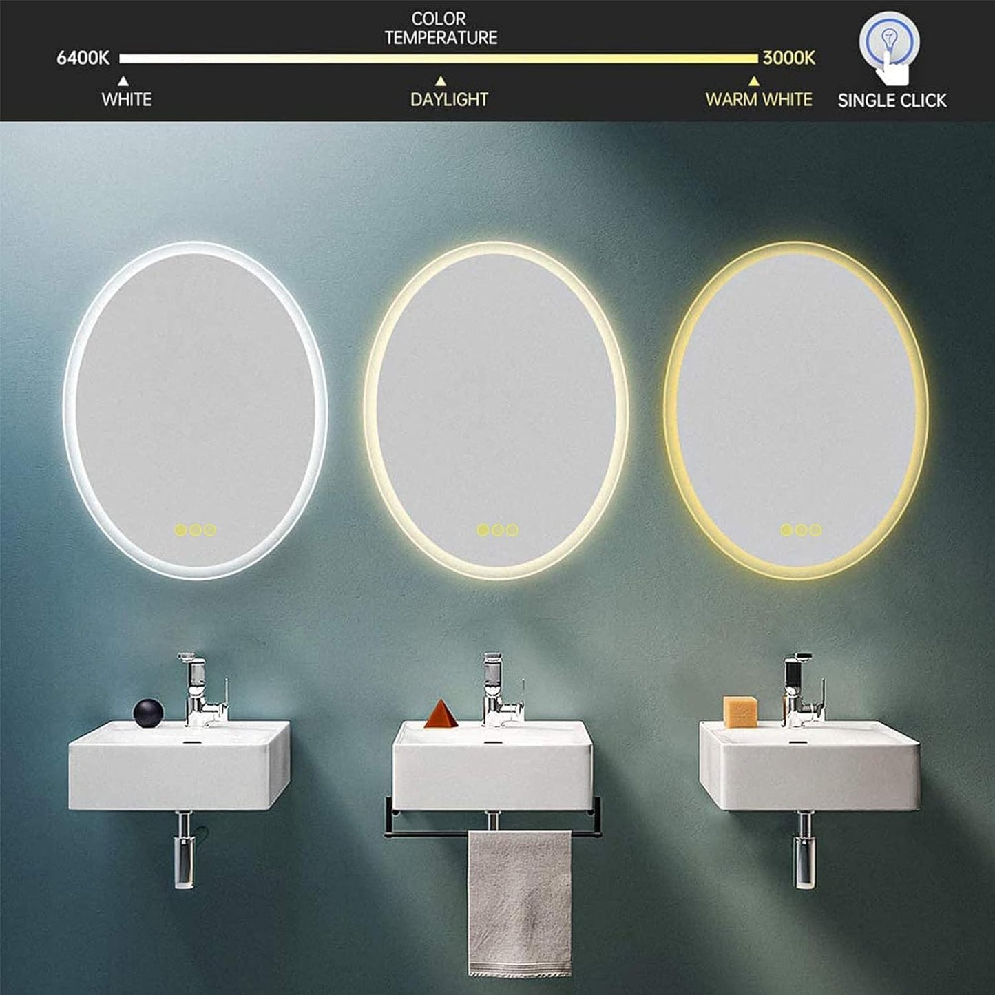 Wall-Mounted LED Oval Bathroom Mirror, Makeup Mirror (28 inches x 20 inches,) 3 Color Stepless Dimmable Memory Bathroom Vanity Mirror with Lights CRI90+ 3000-6400K Smart Mirror with Touch