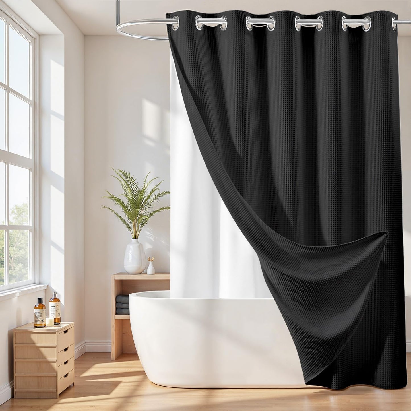 River Dream No Hook Cotton Blend Shower Curtain with Snap in Liner, Hotel Grade Shower Curtains for Bathroom, Water Repellent, Black, 71" Wx74 L