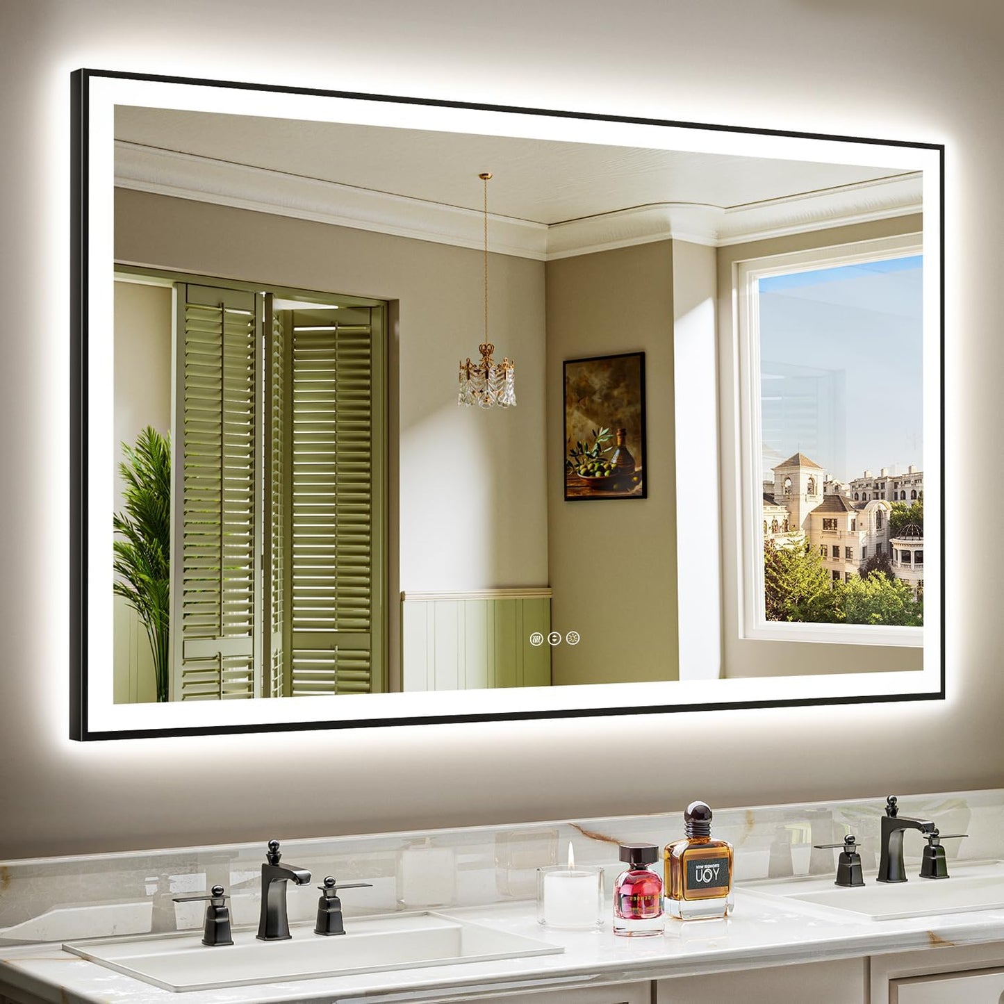 60x36 Inch LED Bathroom Mirror with Lights (Front Lit and Backlit) Black Framed Lighted Vanity Mirror for Bathroom Wall Dimmable Anti-Fog Memory Tempered Glass Horizontal/Vertical