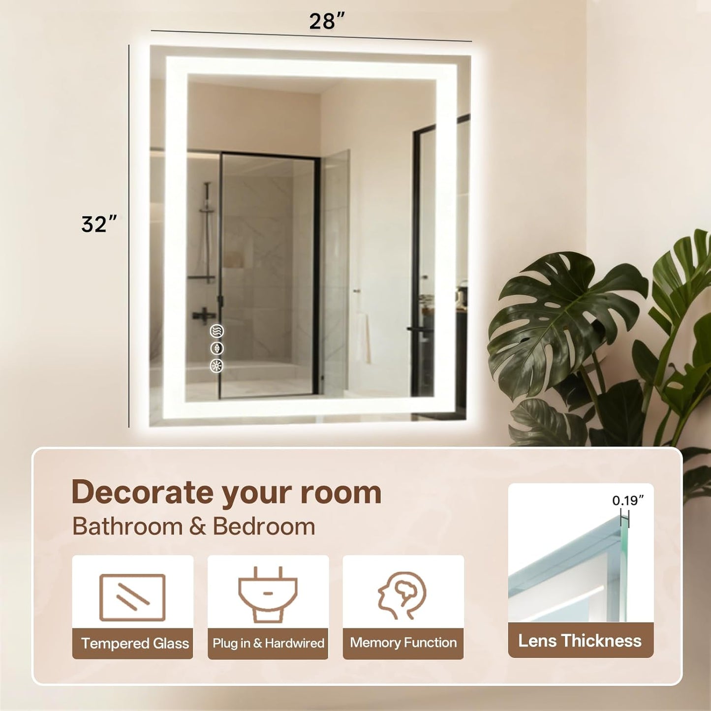 MISSDAY 28x32-inch LED Mirror - 3 Colors - Adjustable Brightness - Defogging - Smart Power-Off - Dual Orientation Mounting - Plug-in or Hardwired - Designed for Bathrooms and Vanity Areas