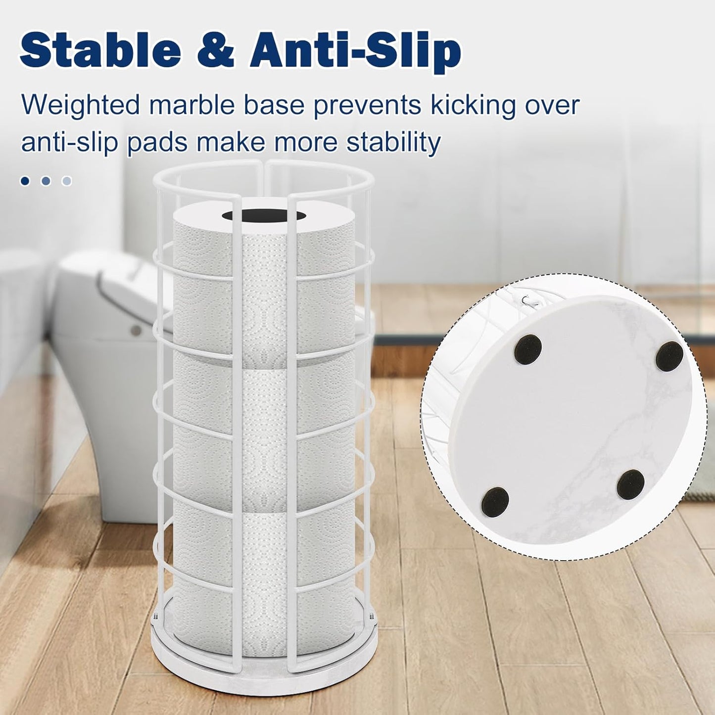 NearMoon Toilet Paper Organizer Stand, Free Standing 3 Rolls Tissue Storage, Metal Bathroom Accessory, Rustproof Toilet Roll Holder for Kitchen Countertop Inside Cabinet Shelf(Marble Base, White)