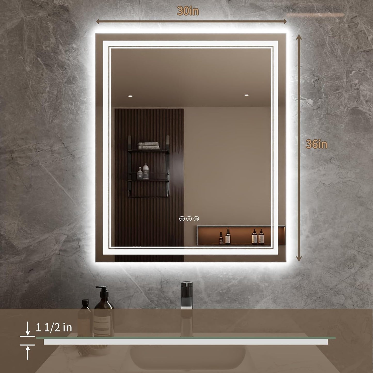 Bathroom Mirror with Lights 30"X36" with Front Light and Backlit, Tempered Glass, Wall Mount Horizontal/Vertical, Stepless Dimmable, 3 Colors, Anti Fog, Bathroom Memory LED Mirror
