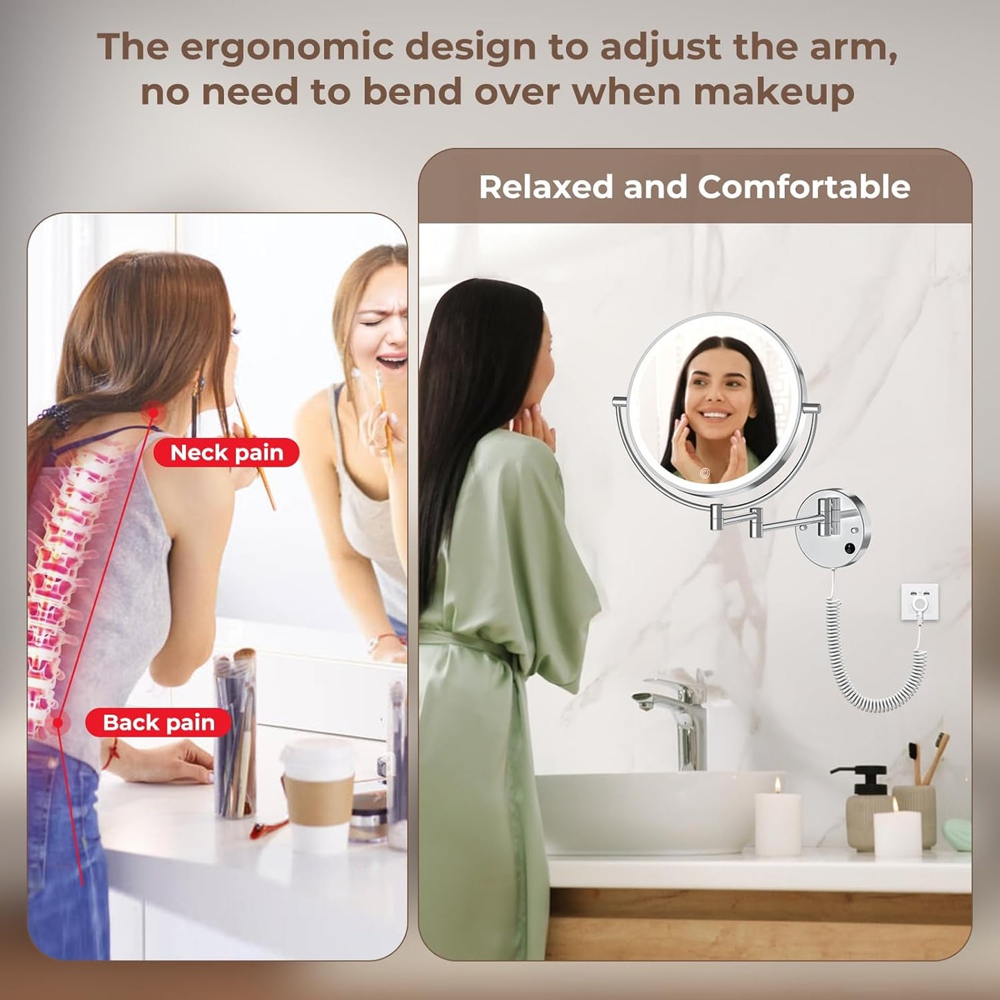 Rocollos 9" Plug-in Wall Mounted Lighted Makeup Mirror 1X/10X Magnification, Super Large Double Sided LED Vanity Mirror for Bathroom, 3 Color Dimmable 360°Swivel Extendable Shaving Cosmetic Mirror