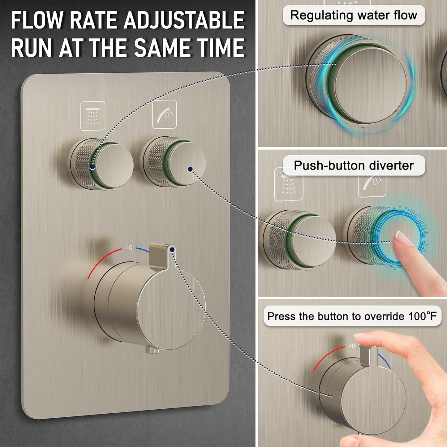 Iriber Thermostatic Shower System Wall Mount with Adjustable Water Flow Push Button Diverter,13 Inch Nickel Rectangle Rainfall Shower Head and Handheld,Brushed Nickel