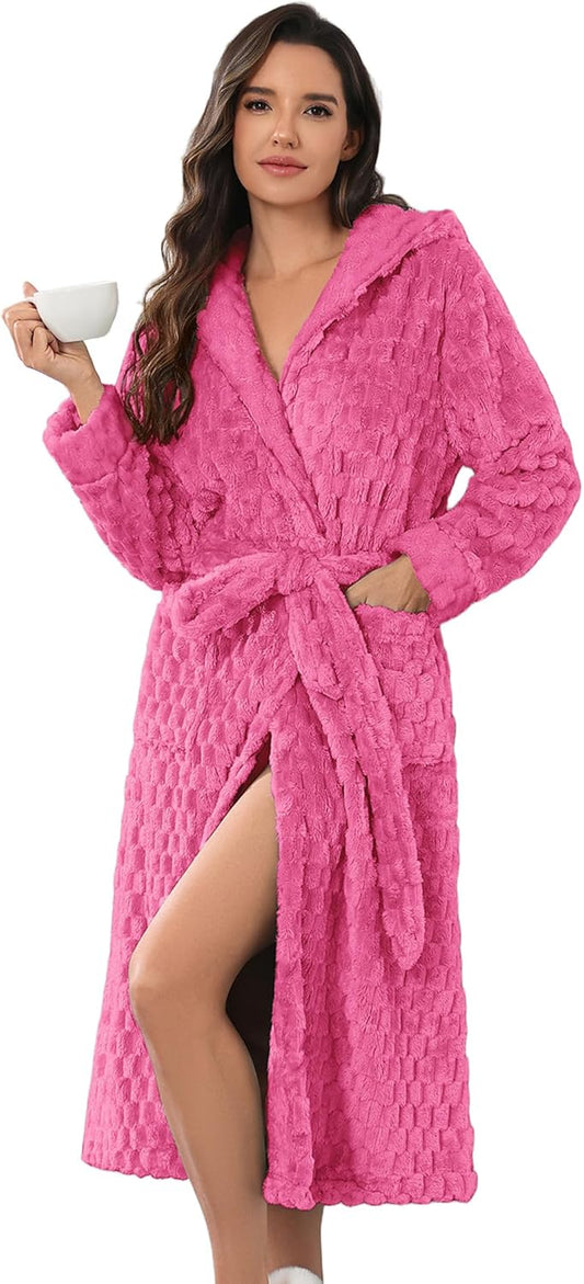 Ekouaer Womens Plush Robes Long Soft Jacquard Fluffy Bathrobe Hooded Robe Sleepwear with Pockets