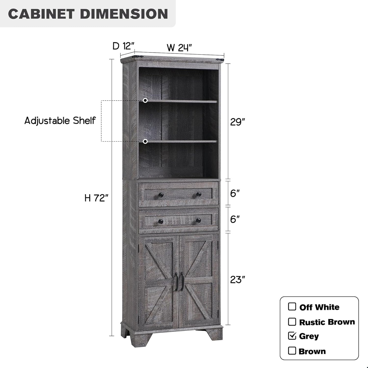 ACCOHOHO Bathroom Storage Cabinet, 72" Tall Farmhouse Storage Cabinet with 2 Drawers, Adjustable Shelves & Barn Door, Cabinet for Bathroom, Living Room, Kitchen, Grey Wash