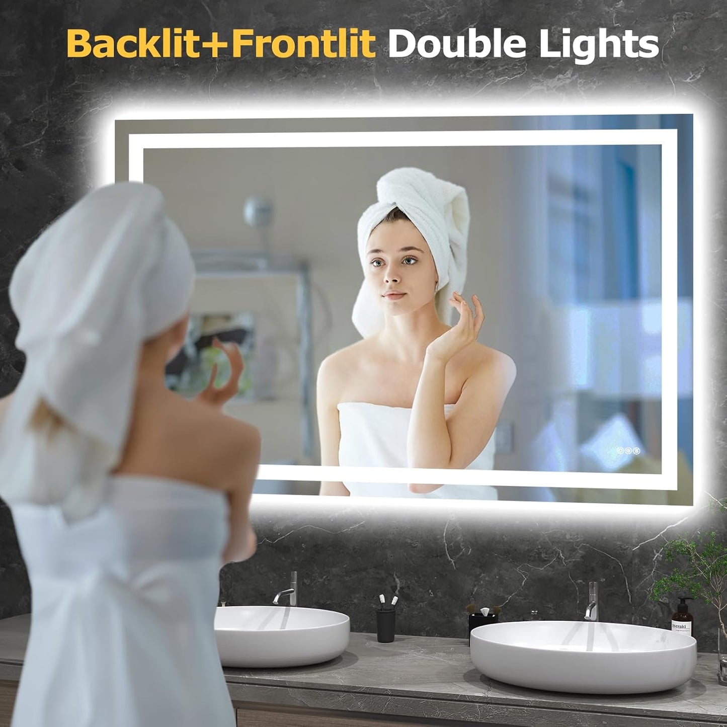 60X40 LED Bathroom Mirror with Lights, Anti-Fog, Dimmable, Backlit + Front Lit, Smart Bathroom Vanity Mirror, Memory Function, Shatterproof, Tempered Glass (Horizontal/Vertical)
