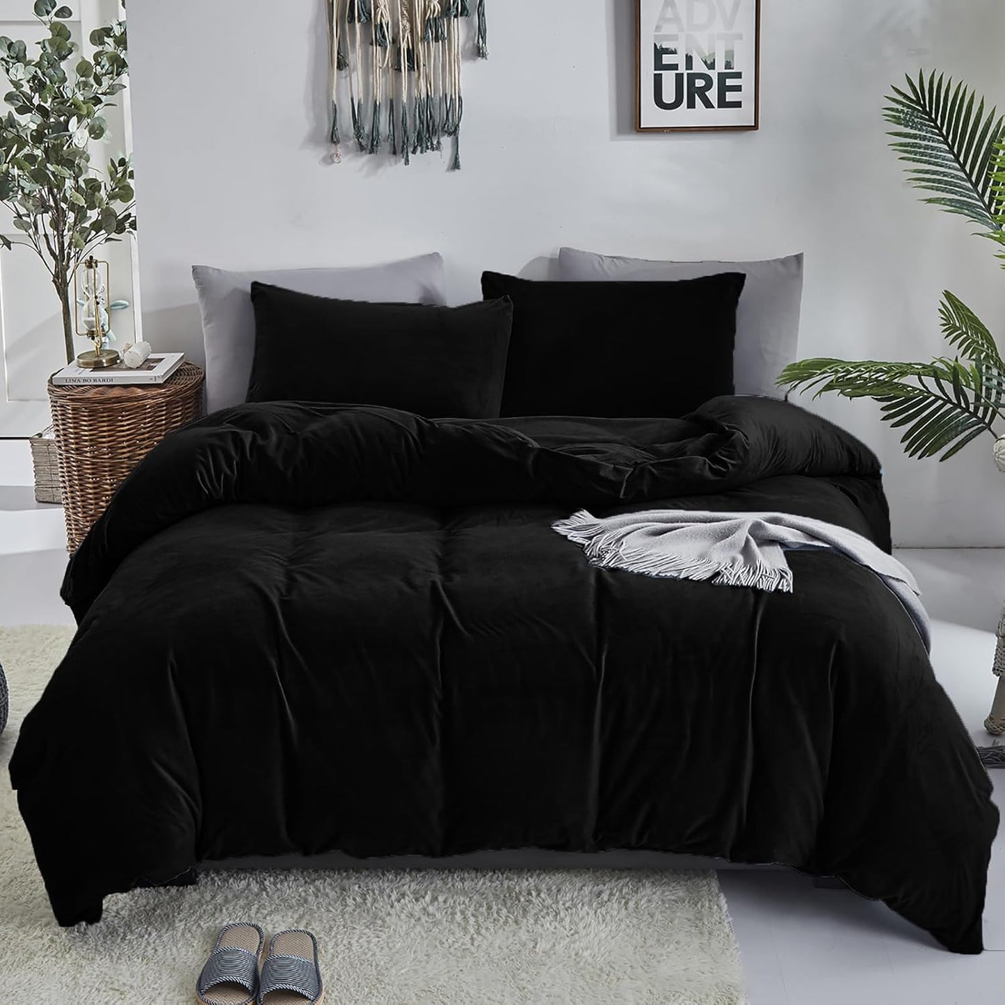 Cottonight Black Velvet Comforter Set King - Flannel Bedding 3 Piece Set, Plush Fluffy Blanket Quilts, Modern Winter Warm Thick Soft Solid Bedding