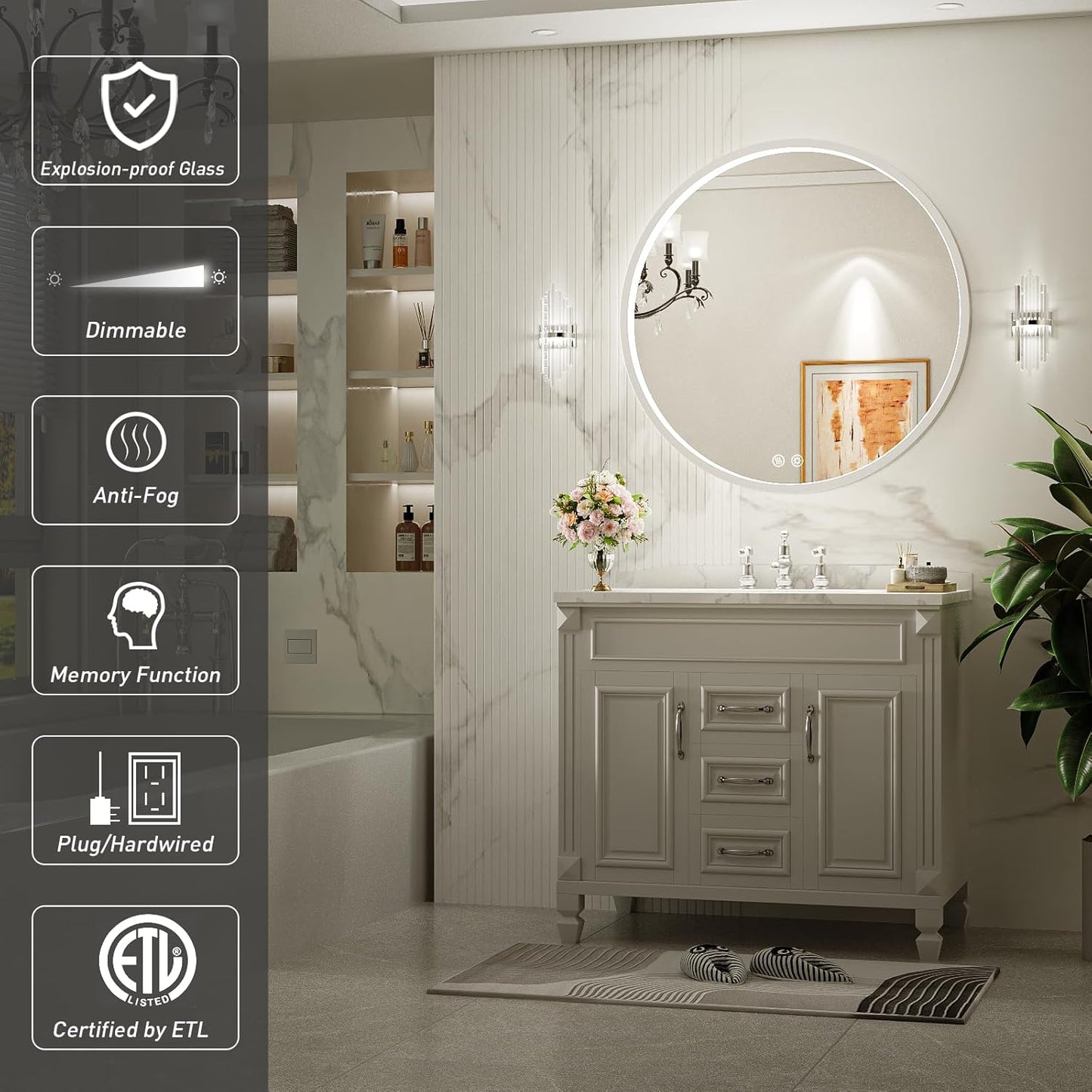 32" Round LED Bathroom Mirror, Dimmable Anti-Fog Vanity Mirror with Touch Control, 6000K Natural Light, Silver Metal Frame, Wall Mounted for Makeup Shaving (IP54, 90+ CRI)