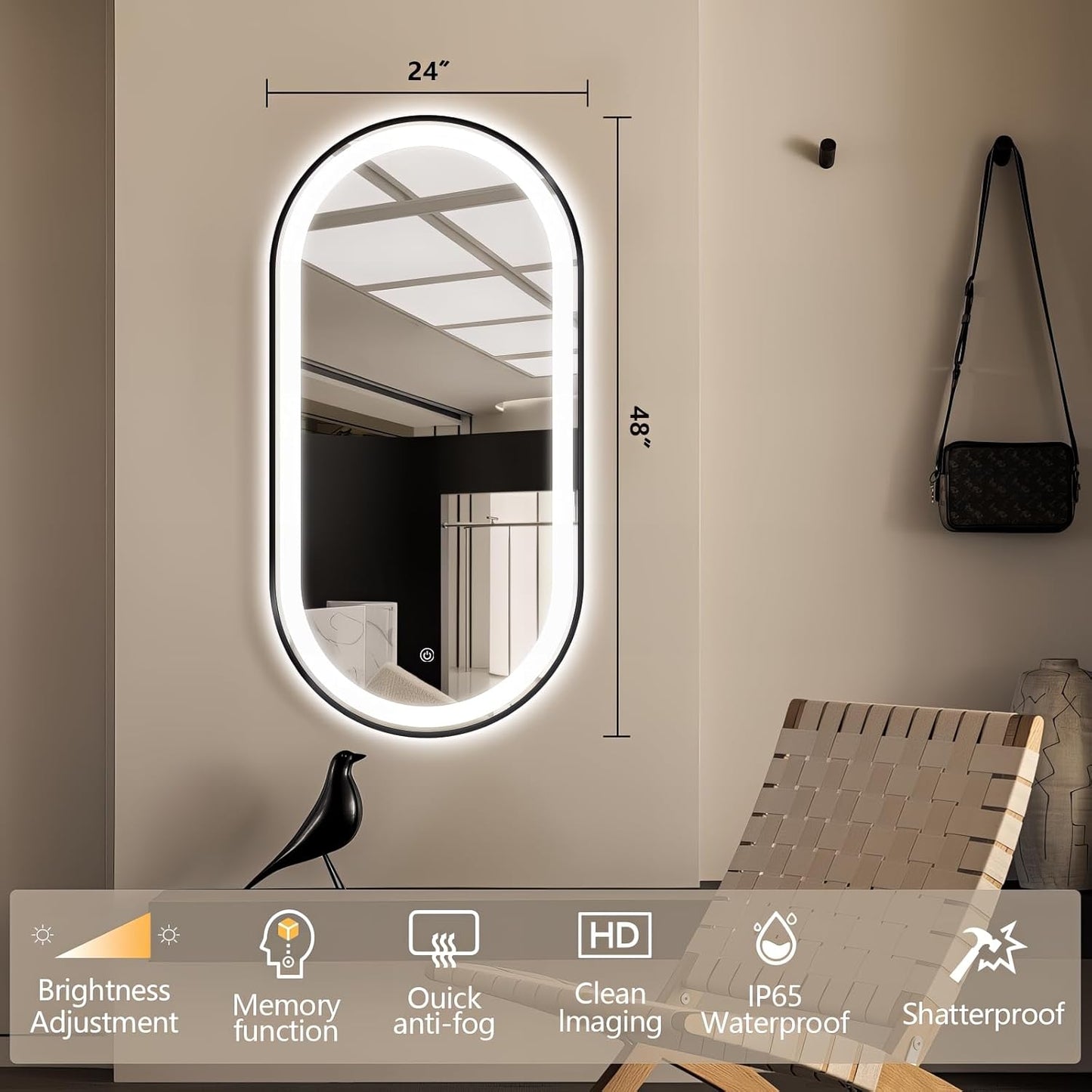 48" x 24" Oval LED Bathroom Mirror with Lights, Black Metal Framed Anti-Fog LED Vanity Mirror, Lighted Bathroom Mirrors Wall Mounted, Stepless Dimmable, Shatter-Proof, Horizontal/Vertical