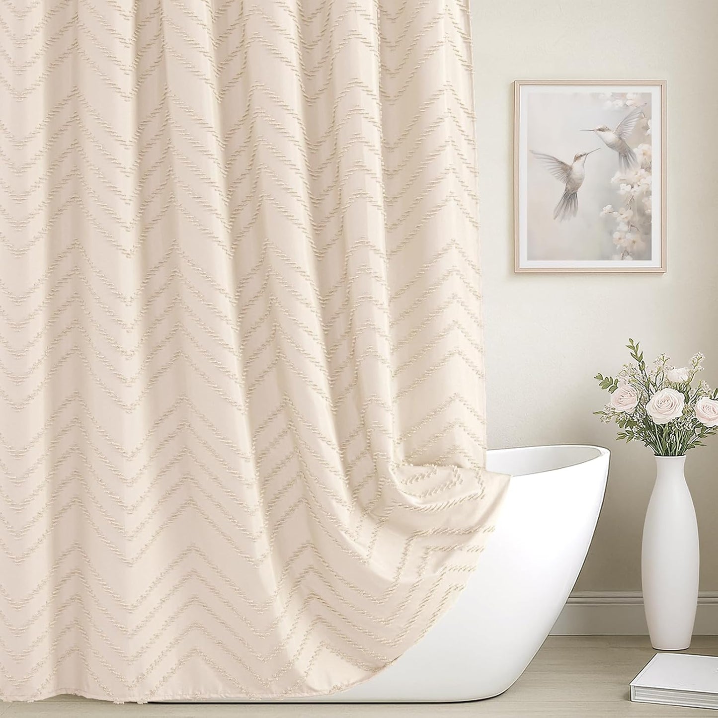 Small Stall Cream Boho Fabric Shower Curtain, 36x72 Half Size, Textured Tufted Chevron Striped Minimalist Cloth Bathroom Shower